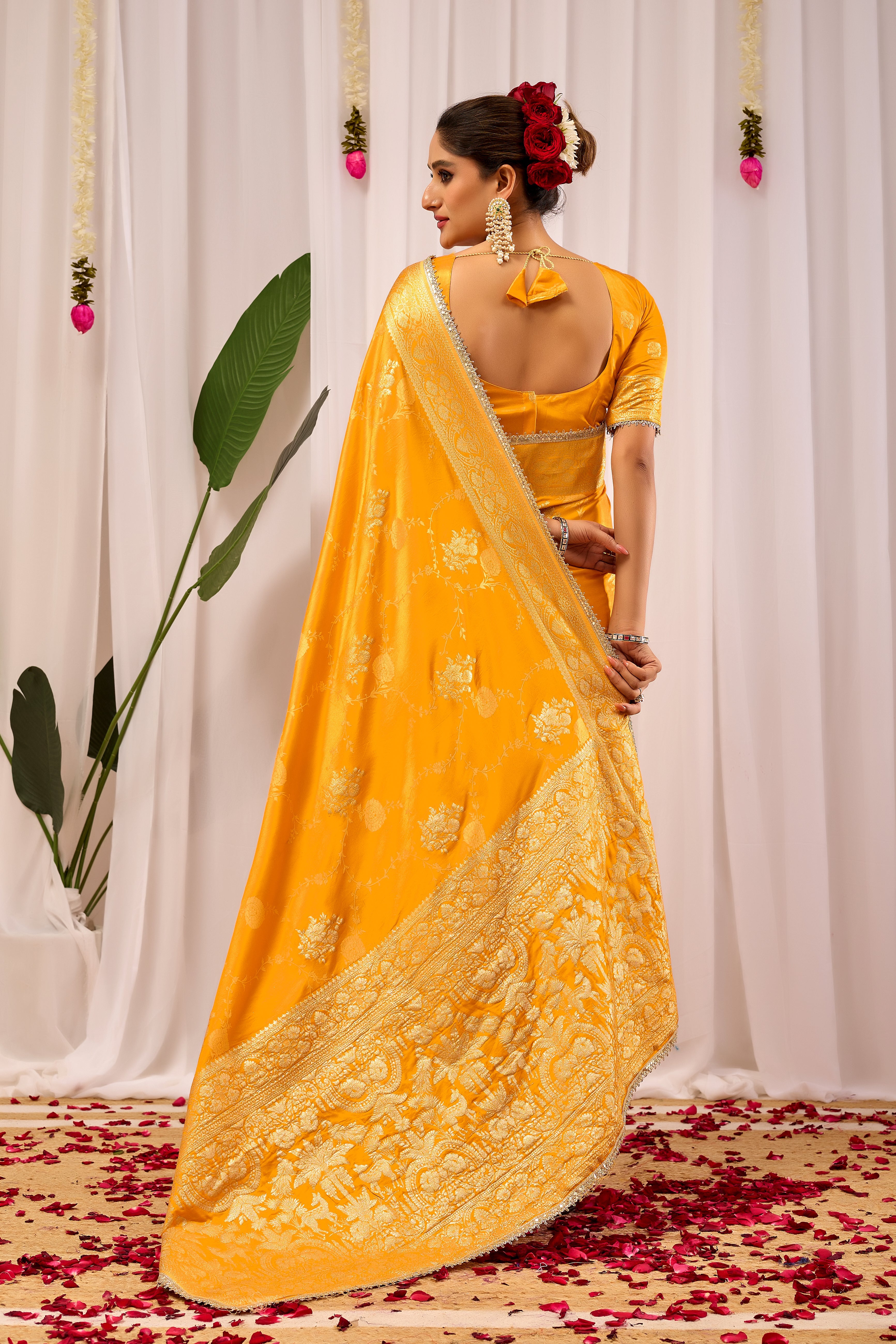 Radiant Mustard Yellow Pure Silk Satin Saree with Antique Gold Zari Weaving & Ornate Pallu Traditional Indian Festive & Wedding Wear