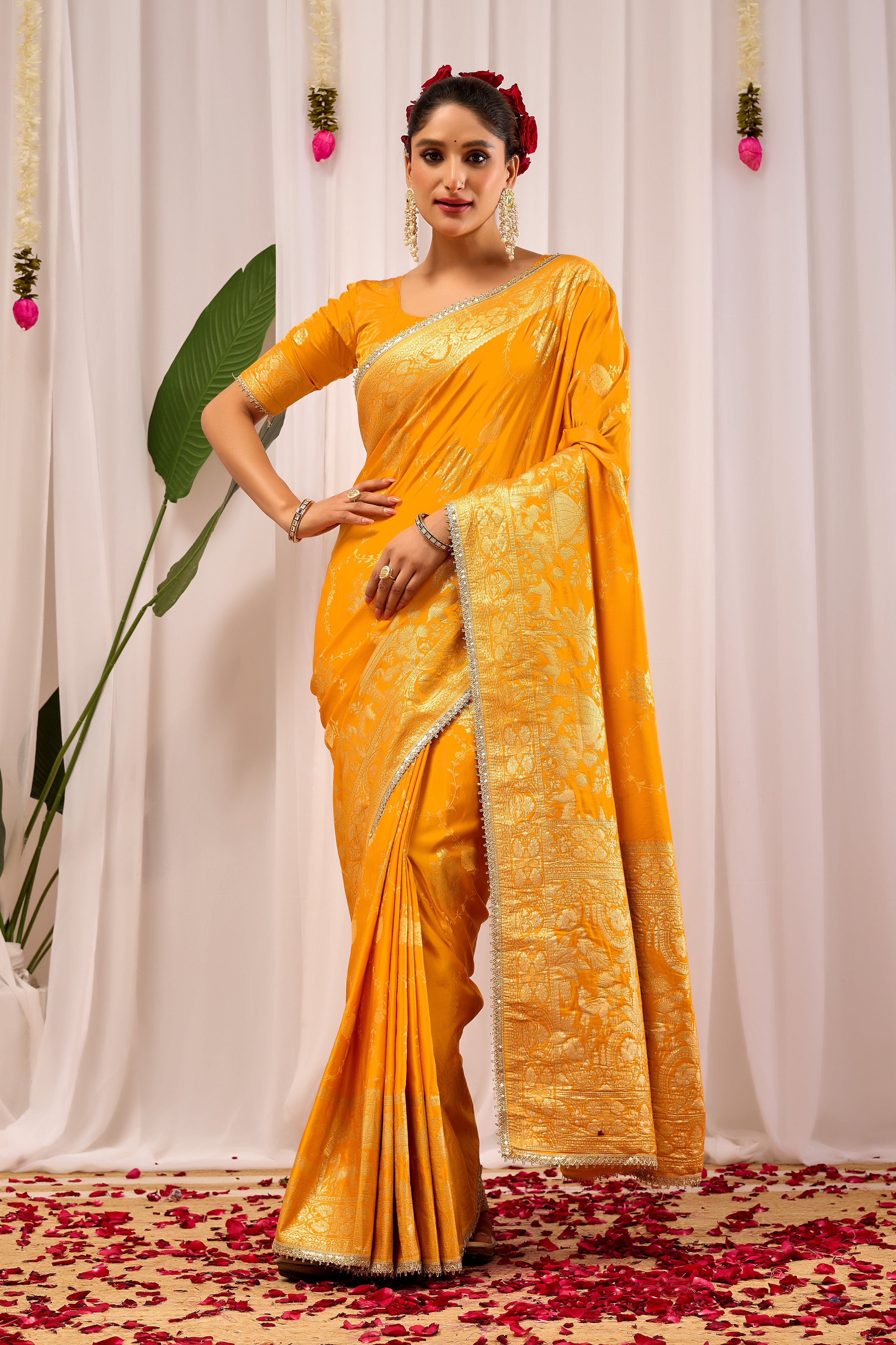 Radiant Mustard Yellow Pure Silk Satin Saree with Antique Gold Zari Weaving & Ornate Pallu Traditional Indian Festive & Wedding Wear