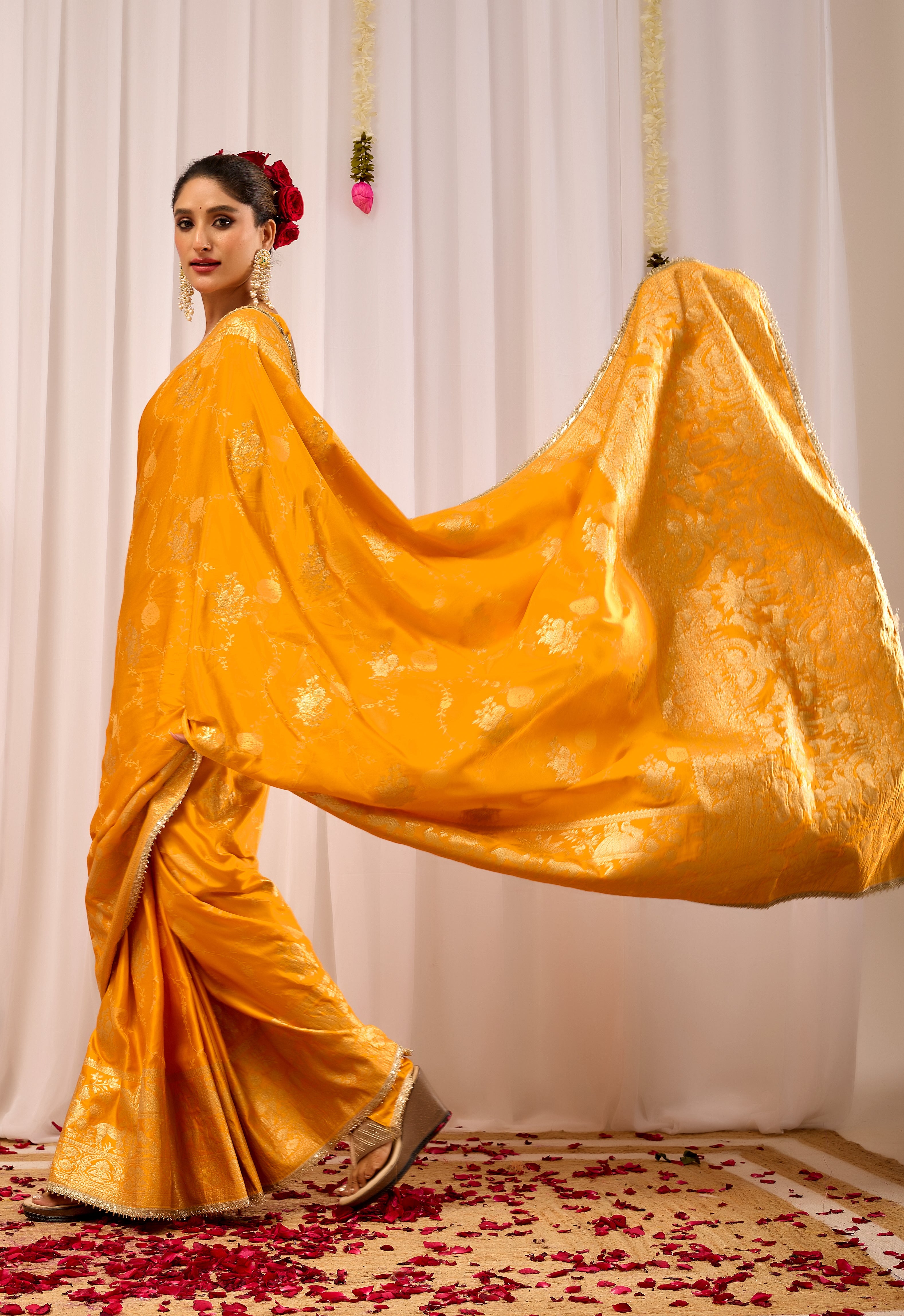 Radiant Mustard Yellow Pure Silk Satin Saree with Antique Gold Zari Weaving & Ornate Pallu Traditional Indian Festive & Wedding Wear