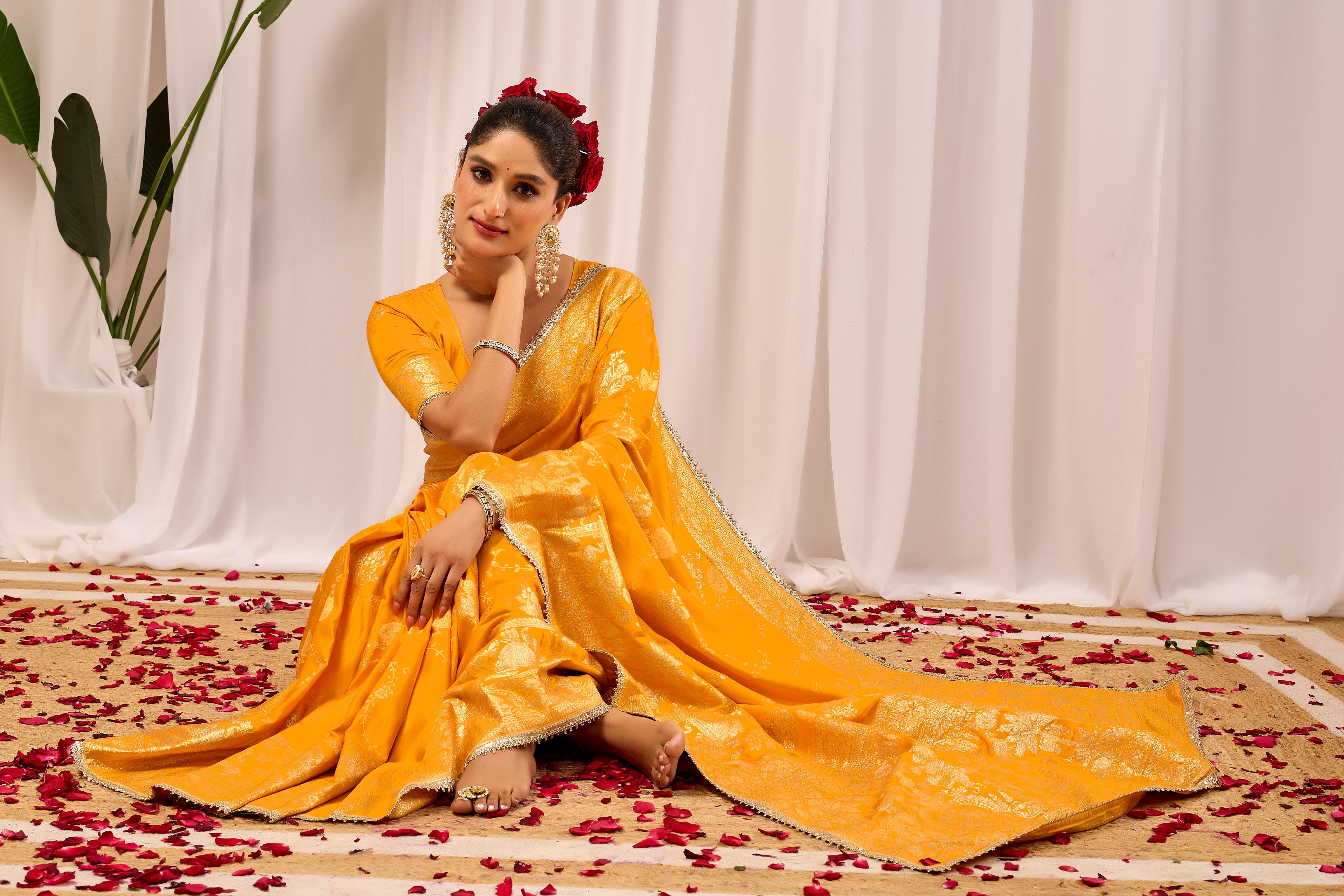 Radiant Mustard Yellow Pure Silk Satin Saree with Antique Gold Zari Weaving & Ornate Pallu Traditional Indian Festive & Wedding Wear