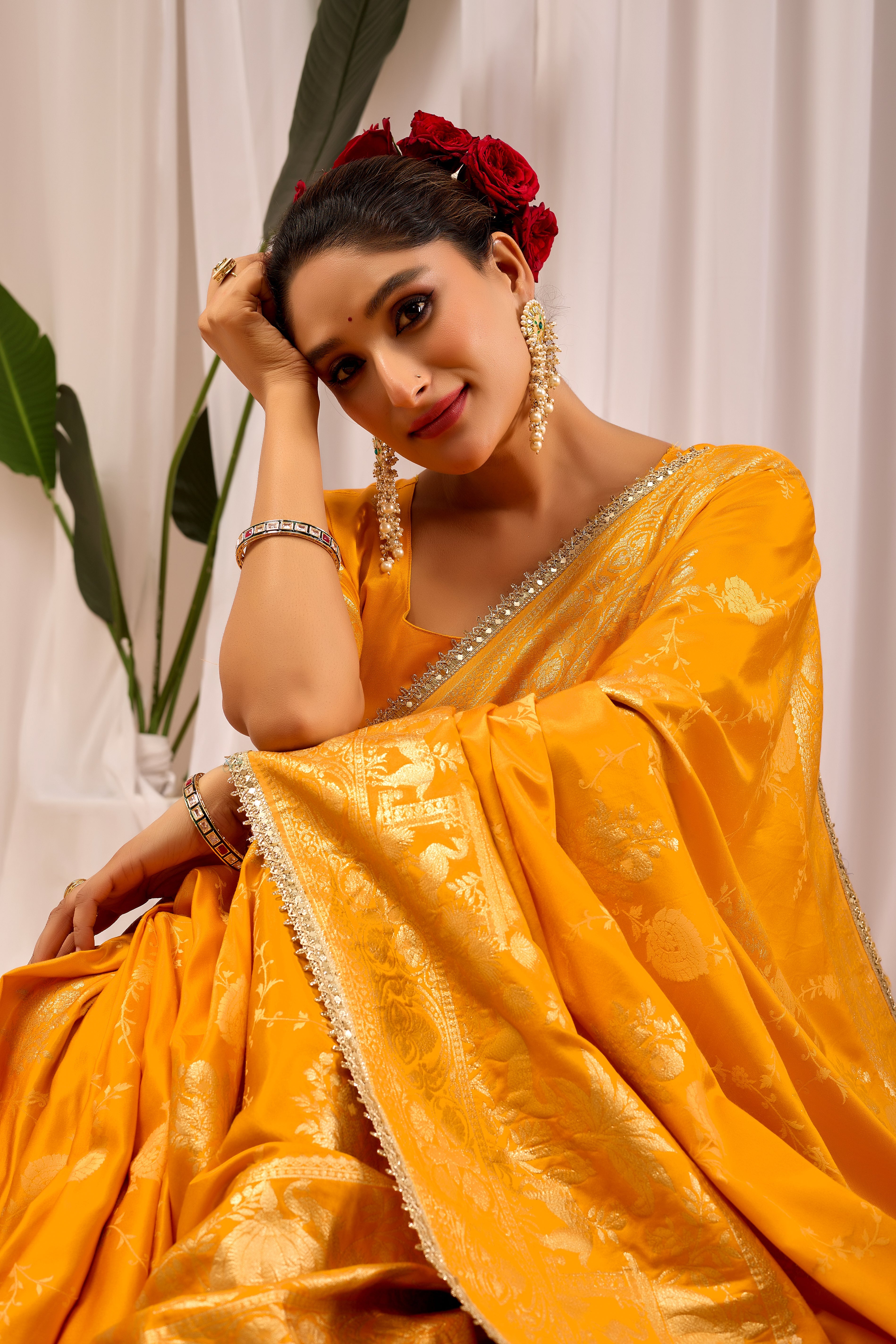Radiant Mustard Yellow Pure Silk Satin Saree with Antique Gold Zari Weaving & Ornate Pallu Traditional Indian Festive & Wedding Wear
