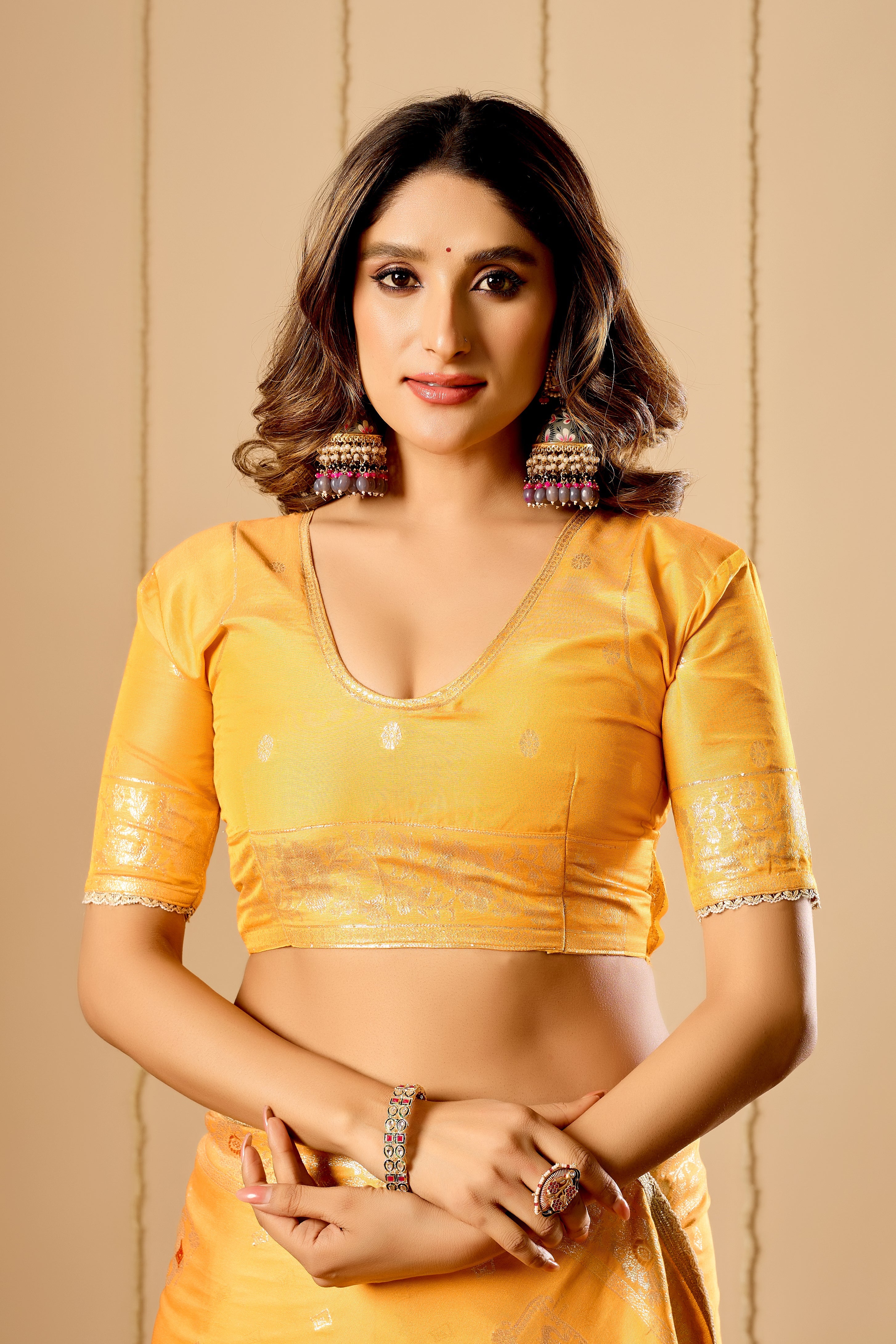 Marigold Gold Heritage satin Silk Saree with Artistic Pallu Motifs