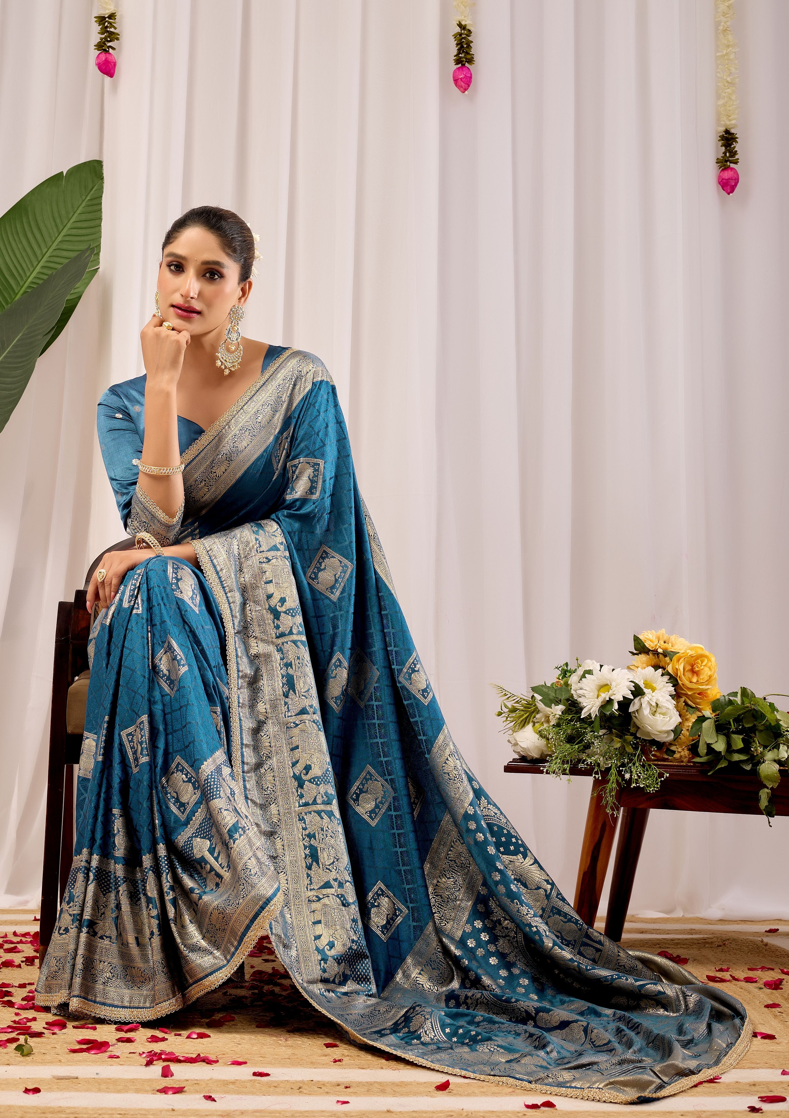 Teal Blue Soft Silk Saree with Intricate Woven Motifs, Rich Zari Border and Designer Traditional Pallu