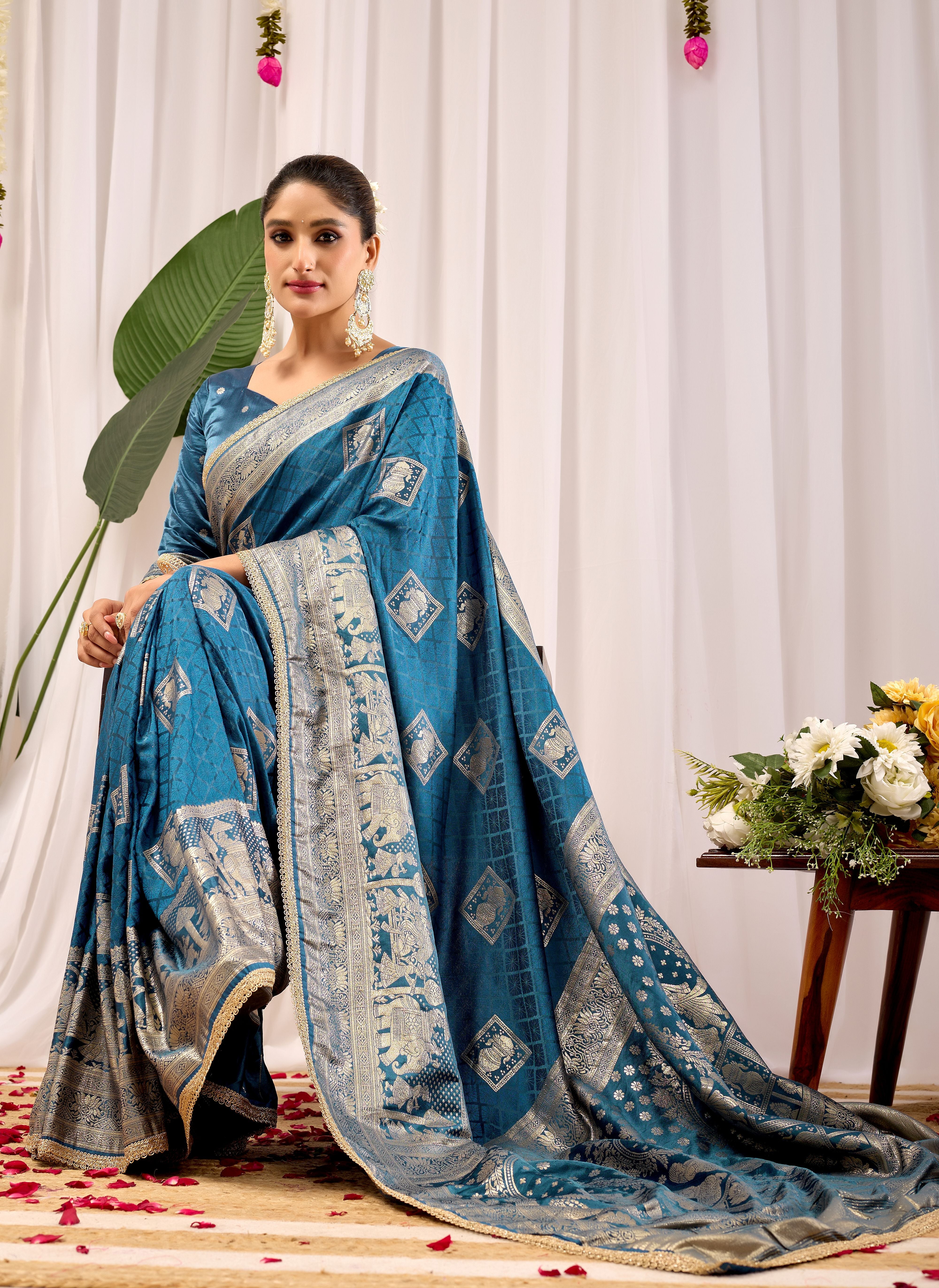 Teal Blue Soft Silk Saree with Intricate Woven Motifs, Rich Zari Border and Designer Traditional Pallu