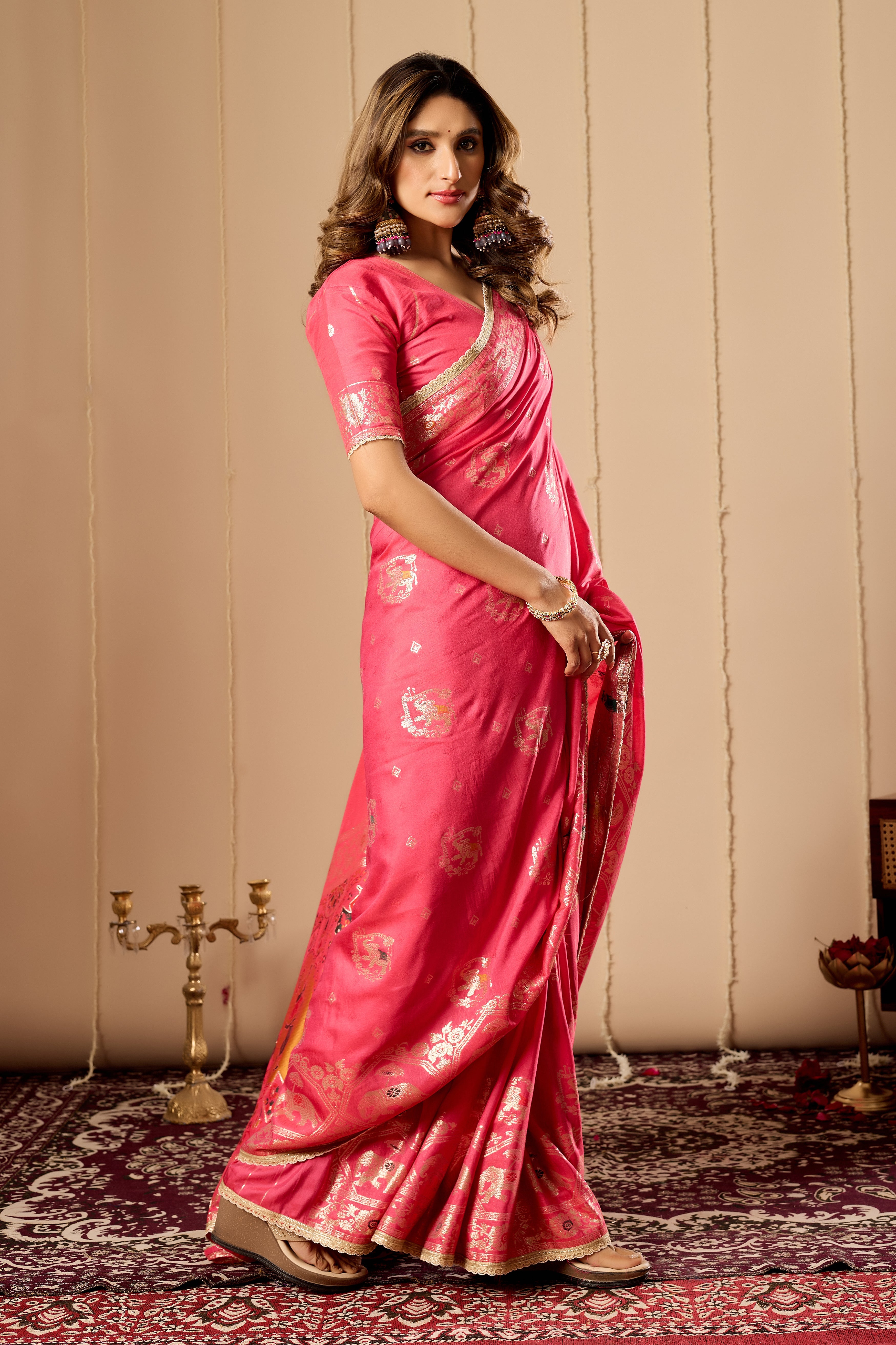 Elegant Rose Pink satin Silk Saree with Intricate Gold Zari Weaving and Traditional Motif Pallu