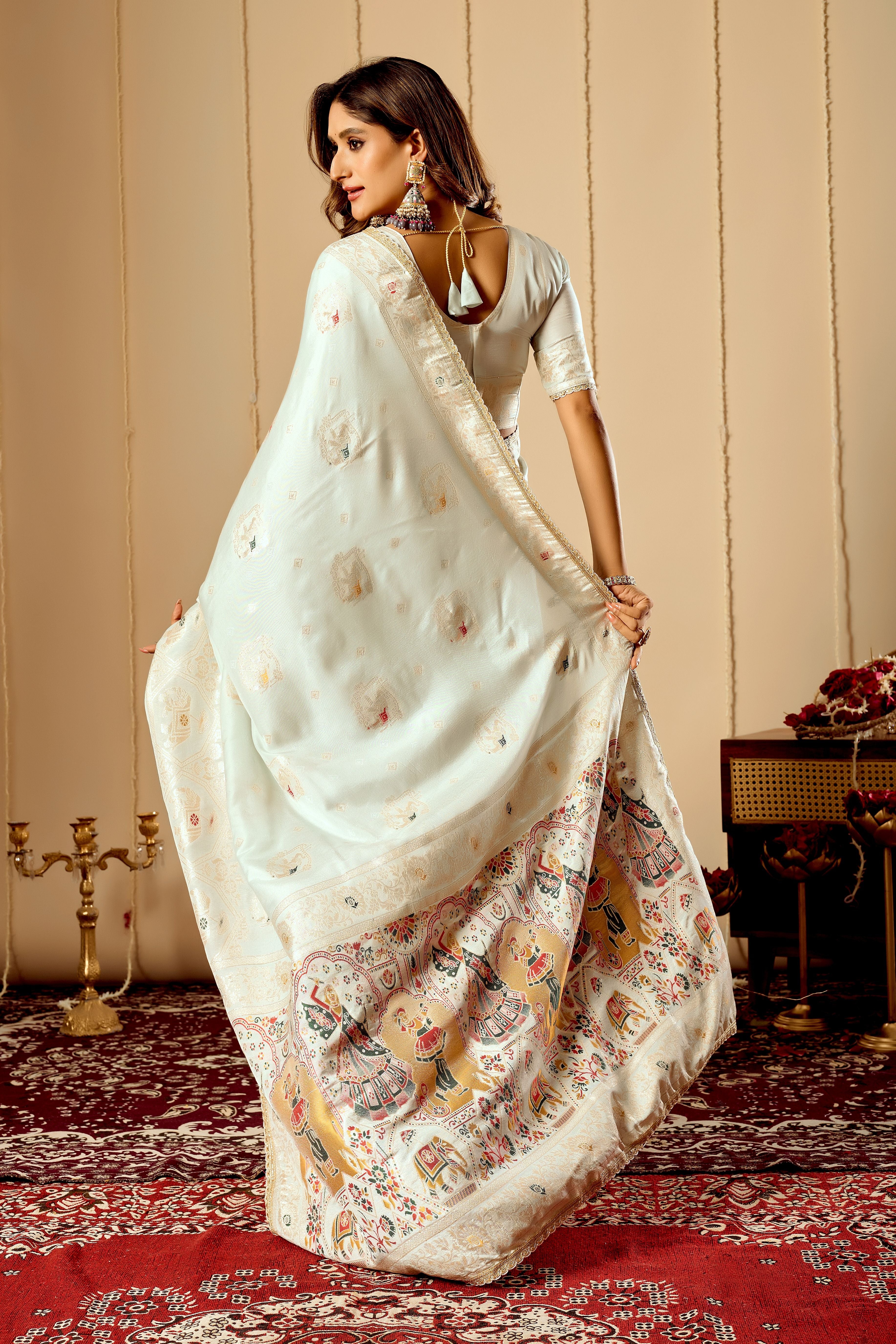Elegant Mint Ivory satin Silk Saree with Subtle Gold Zari Weaving and Traditional Artistic Pallu
