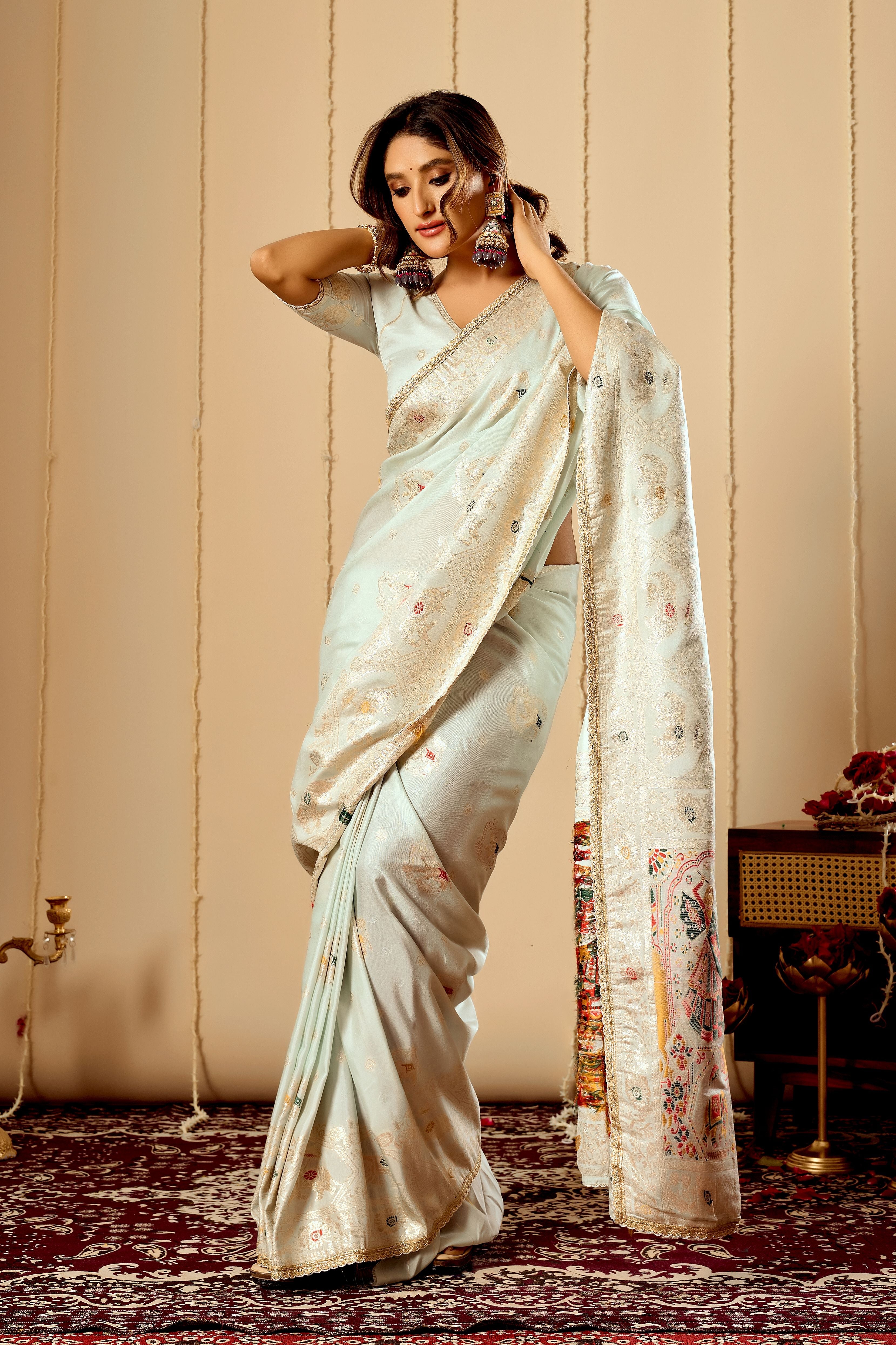 Elegant Mint Ivory satin Silk Saree with Subtle Gold Zari Weaving and Traditional Artistic Pallu