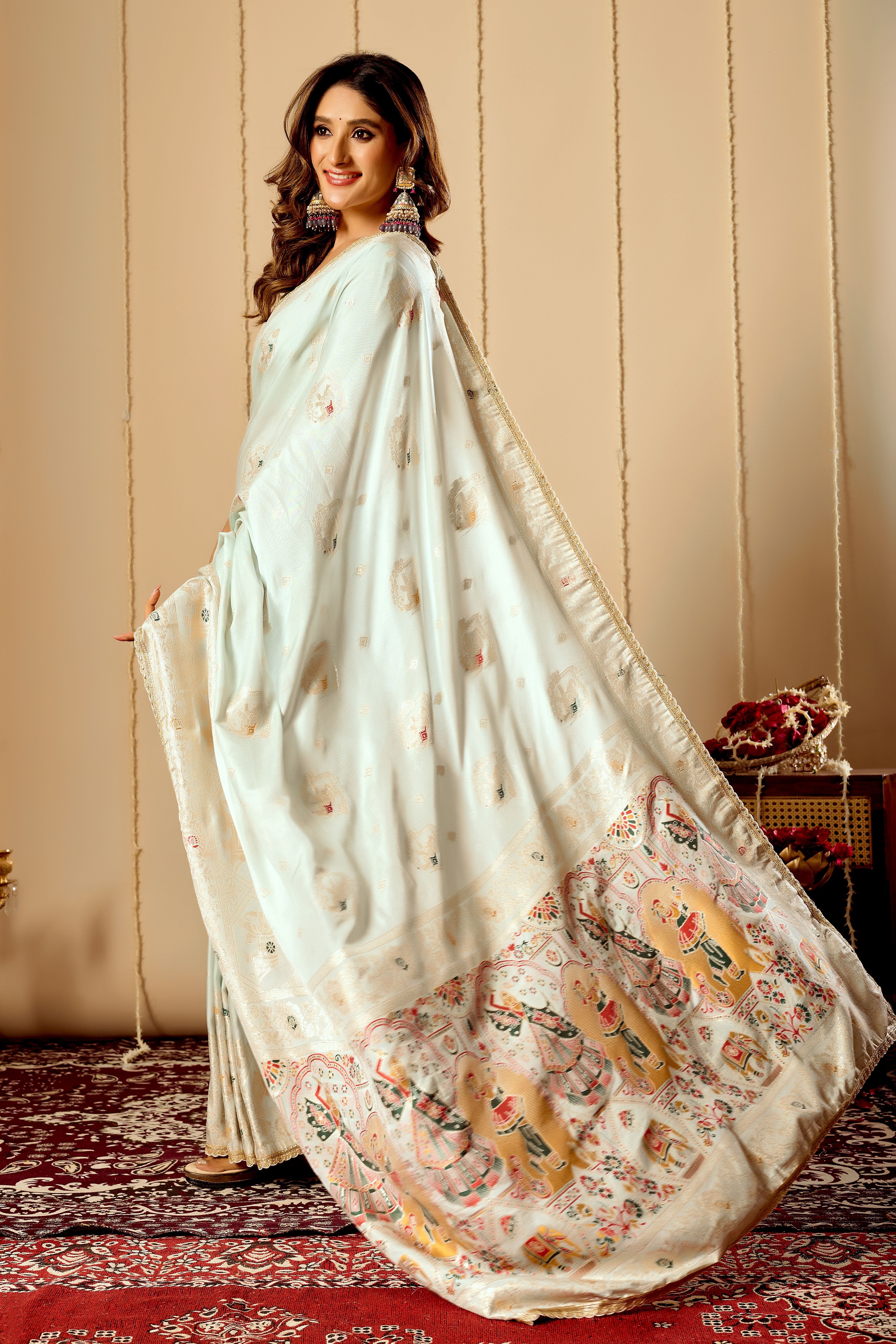 Elegant Mint Ivory satin Silk Saree with Subtle Gold Zari Weaving and Traditional Artistic Pallu