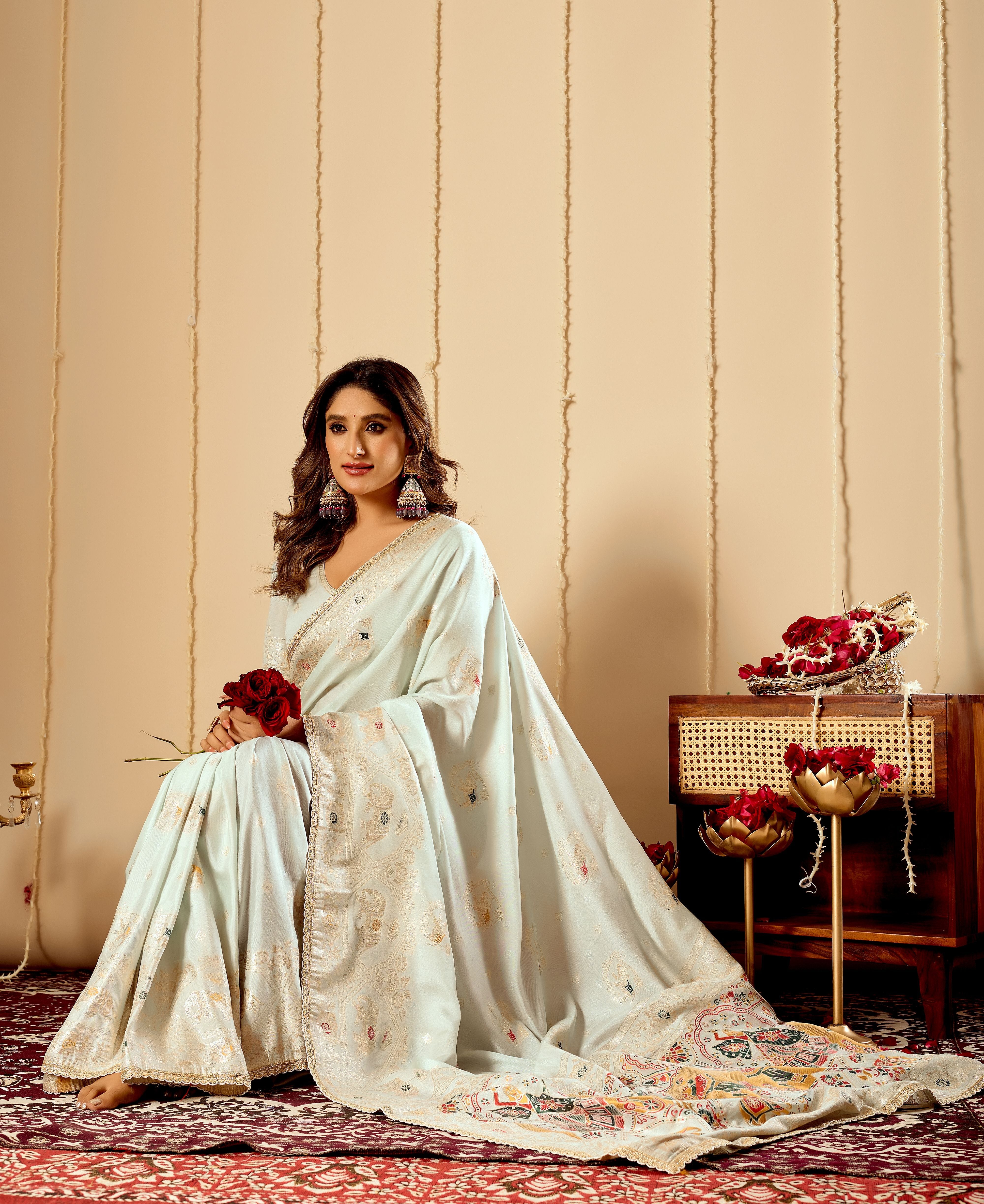 Elegant Mint Ivory satin Silk Saree with Subtle Gold Zari Weaving and Traditional Artistic Pallu