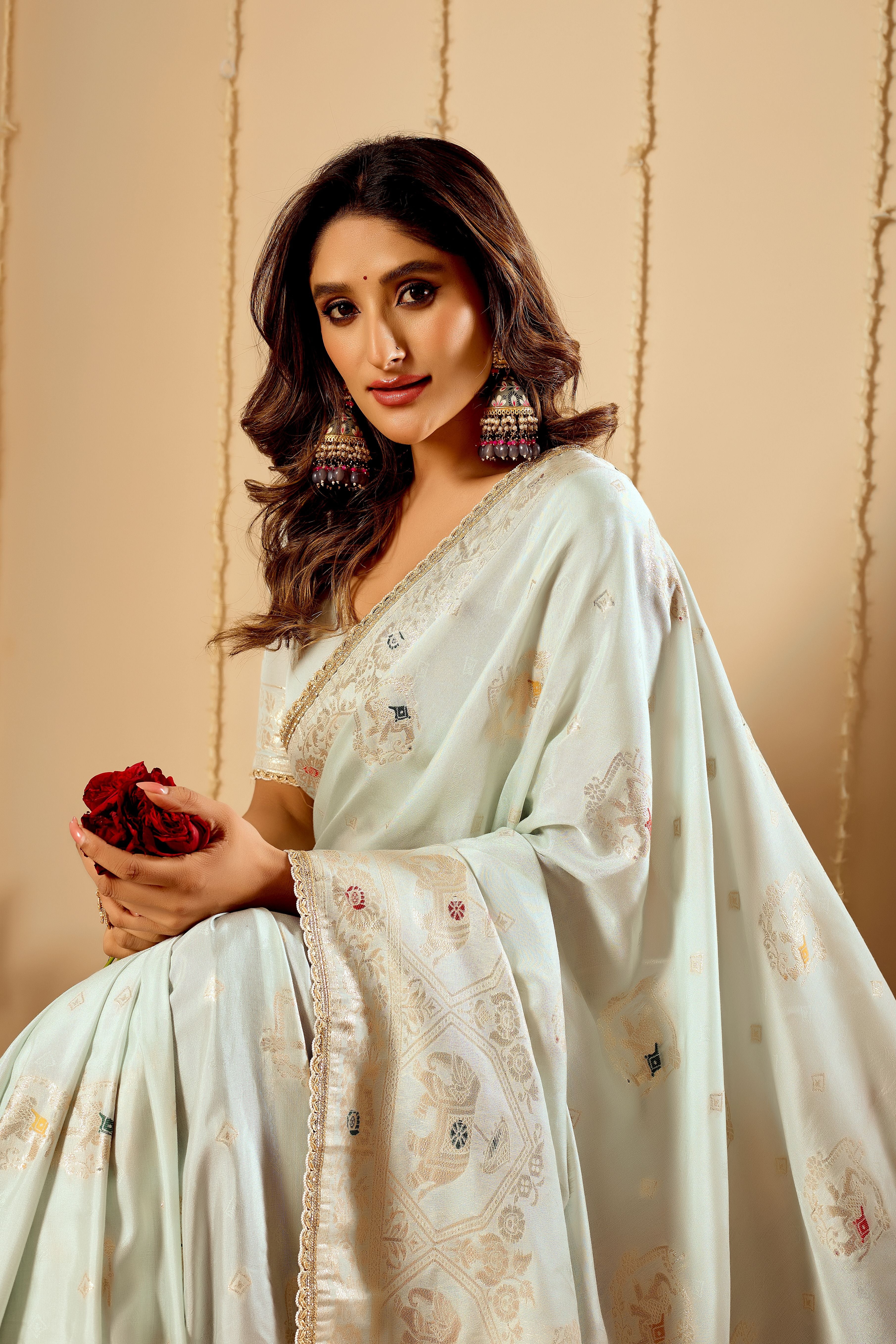 Elegant Mint Ivory satin Silk Saree with Subtle Gold Zari Weaving and Traditional Artistic Pallu