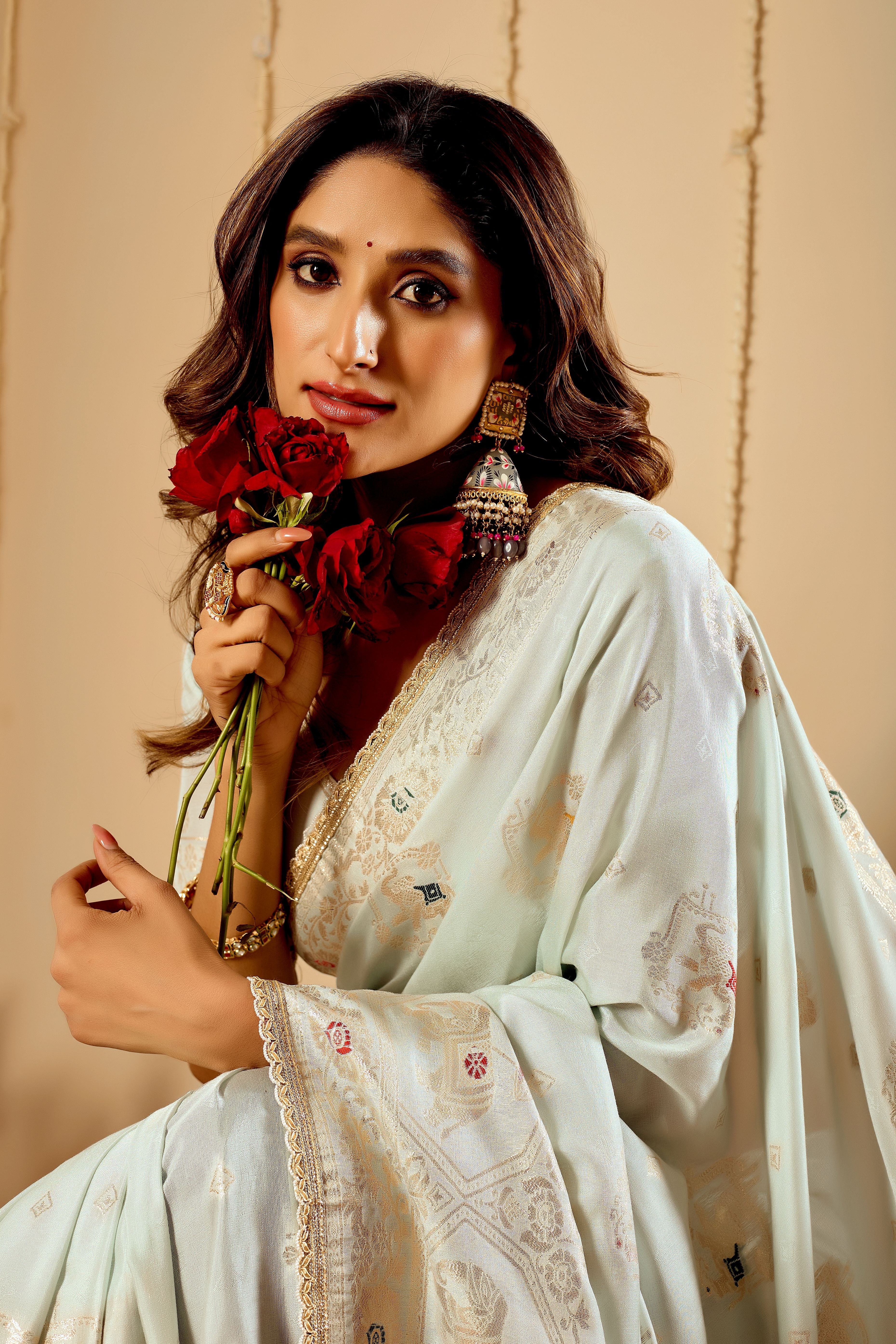 Elegant Mint Ivory satin Silk Saree with Subtle Gold Zari Weaving and Traditional Artistic Pallu