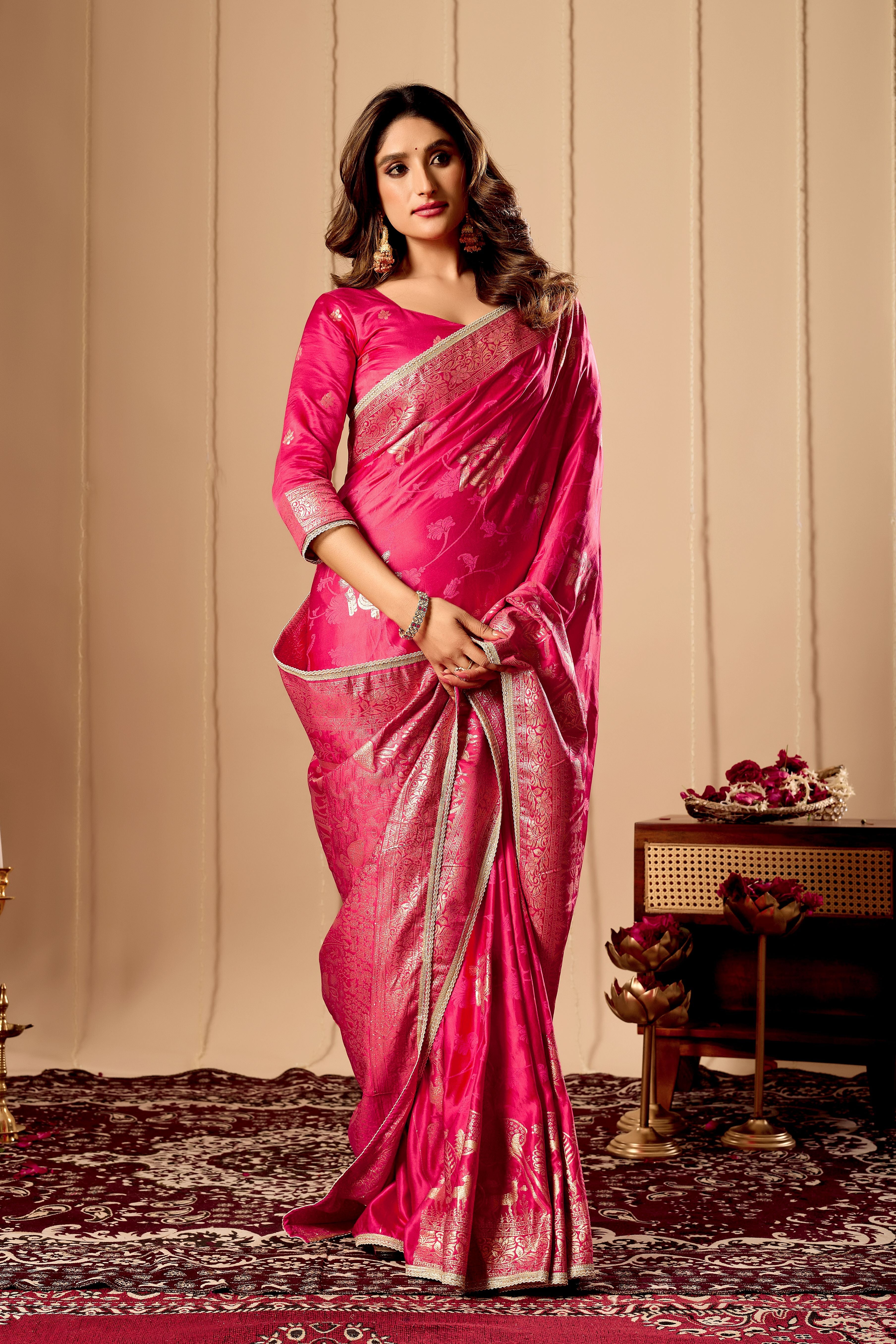 Vibrant Rani Pink satin Silk Saree with Rich Gold Zari Weaving and Elegant Traditional Motifs