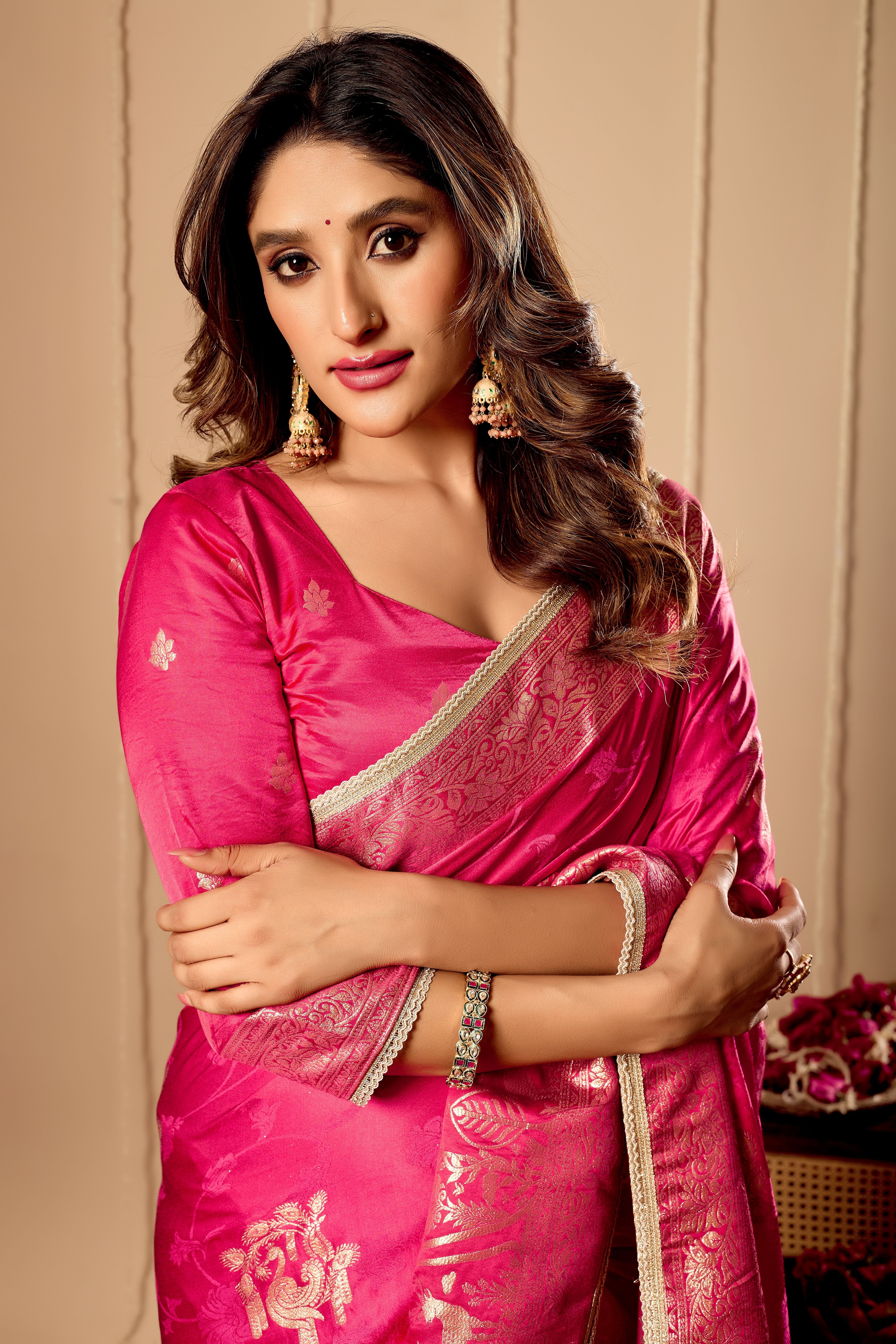 Vibrant Rani Pink satin Silk Saree with Rich Gold Zari Weaving and Elegant Traditional Motifs
