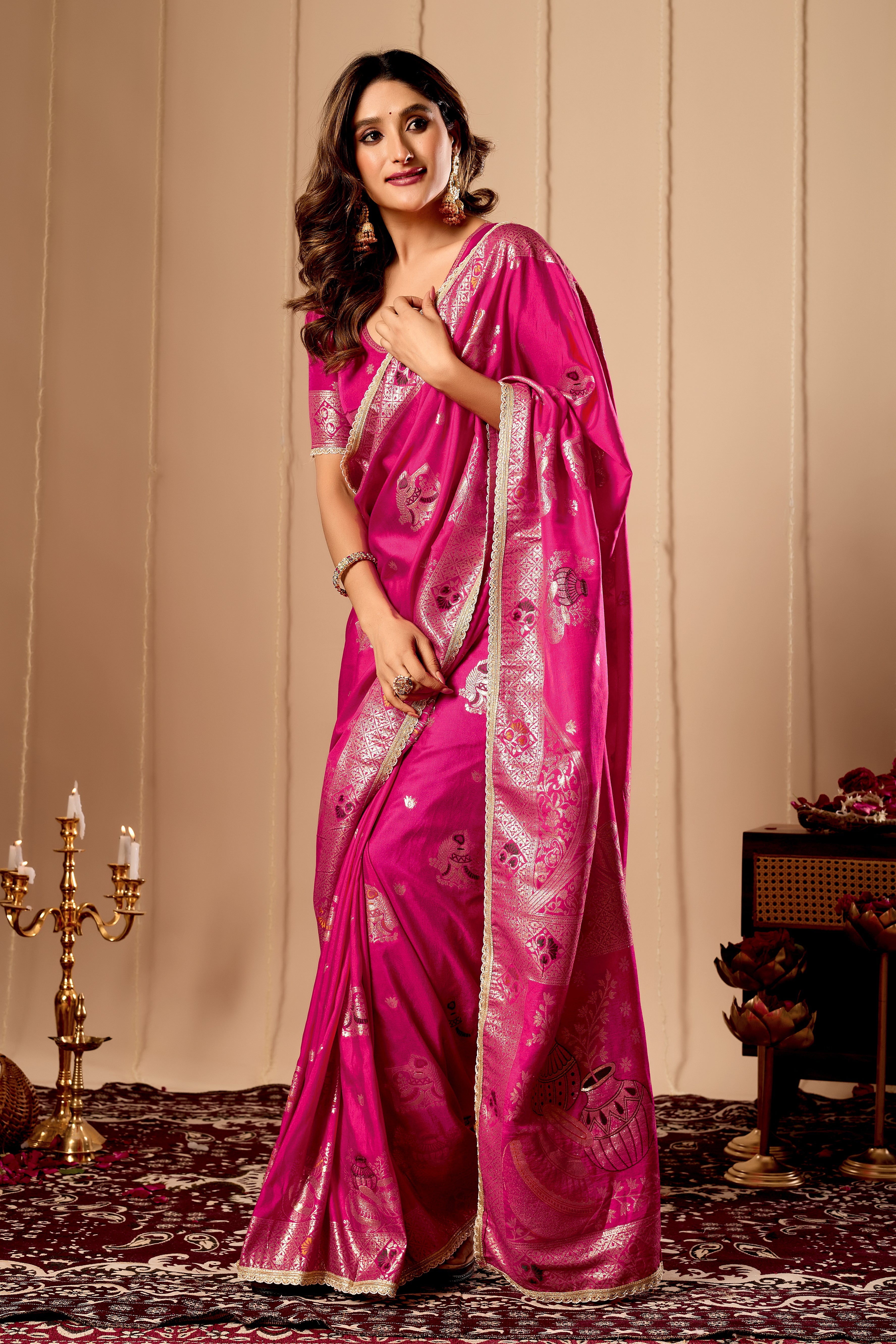 Luxurious Fuchsia Pink Satin Silk Saree with Rich Gold Zari Weaving and Traditional Motif Pallu