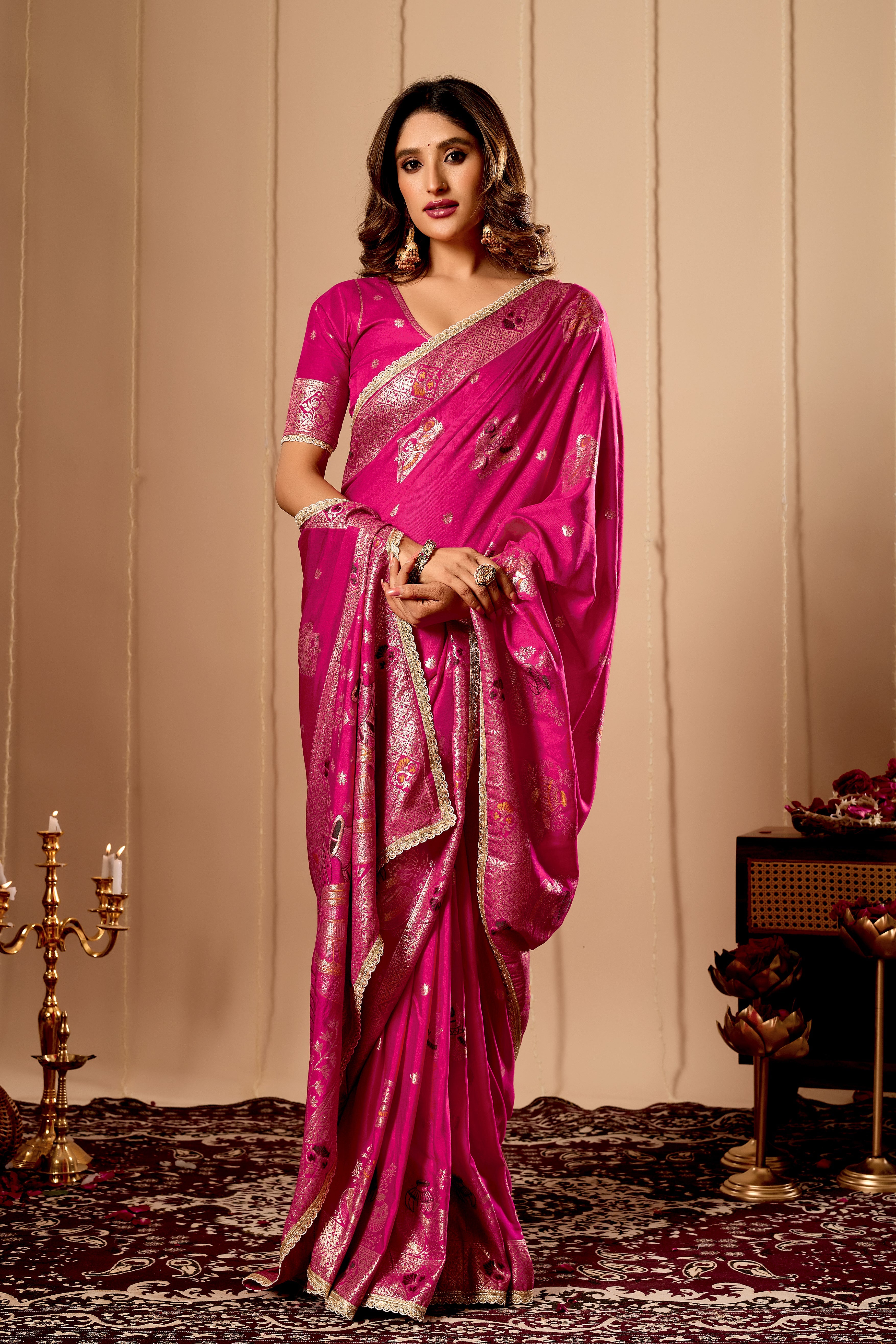 Luxurious Fuchsia Pink Satin Silk Saree with Rich Gold Zari Weaving and Traditional Motif Pallu
