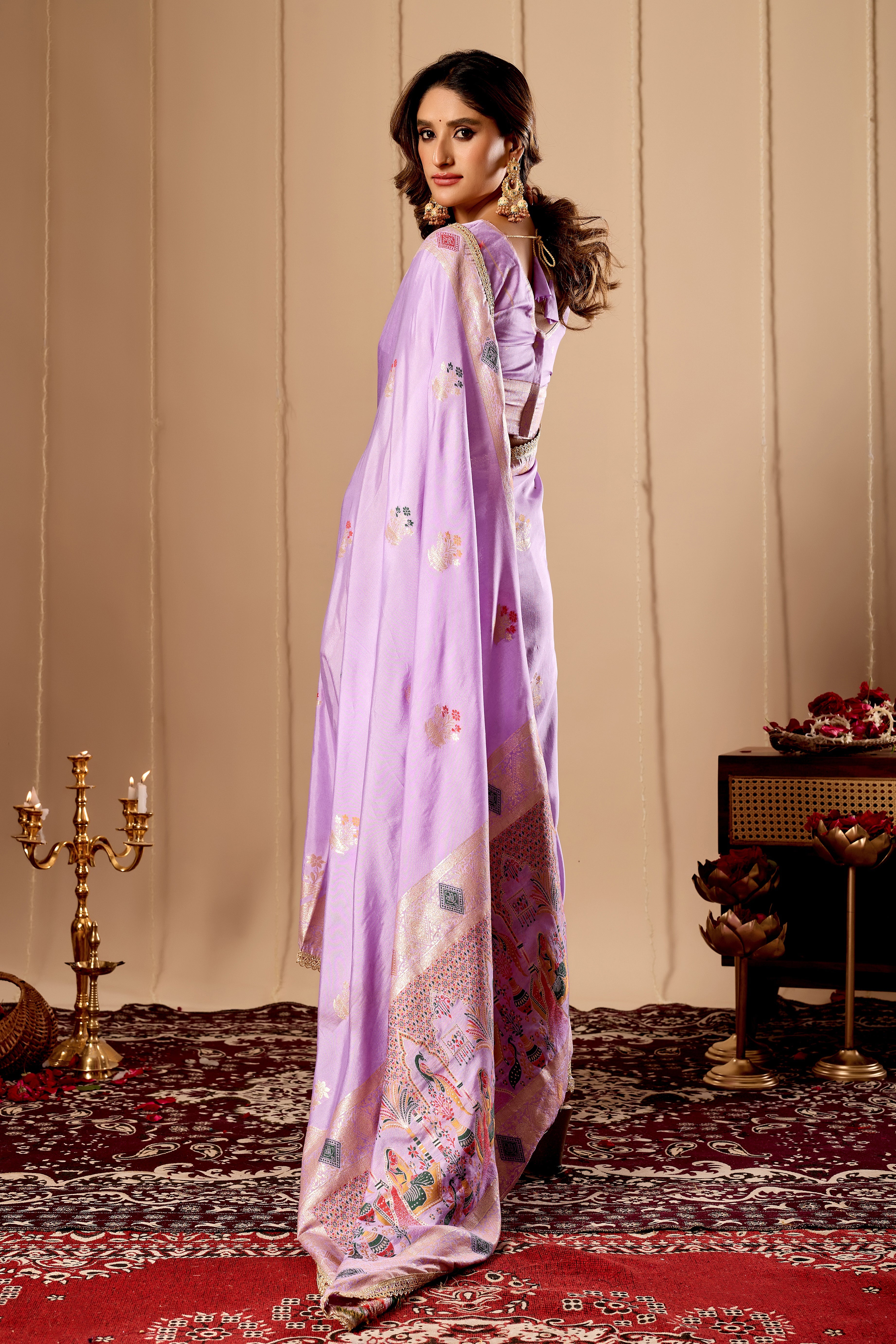 Elegant Lavender Lilac satin Silk Saree with Soft Gold Zari Weaving and Traditional Artistic Pallu