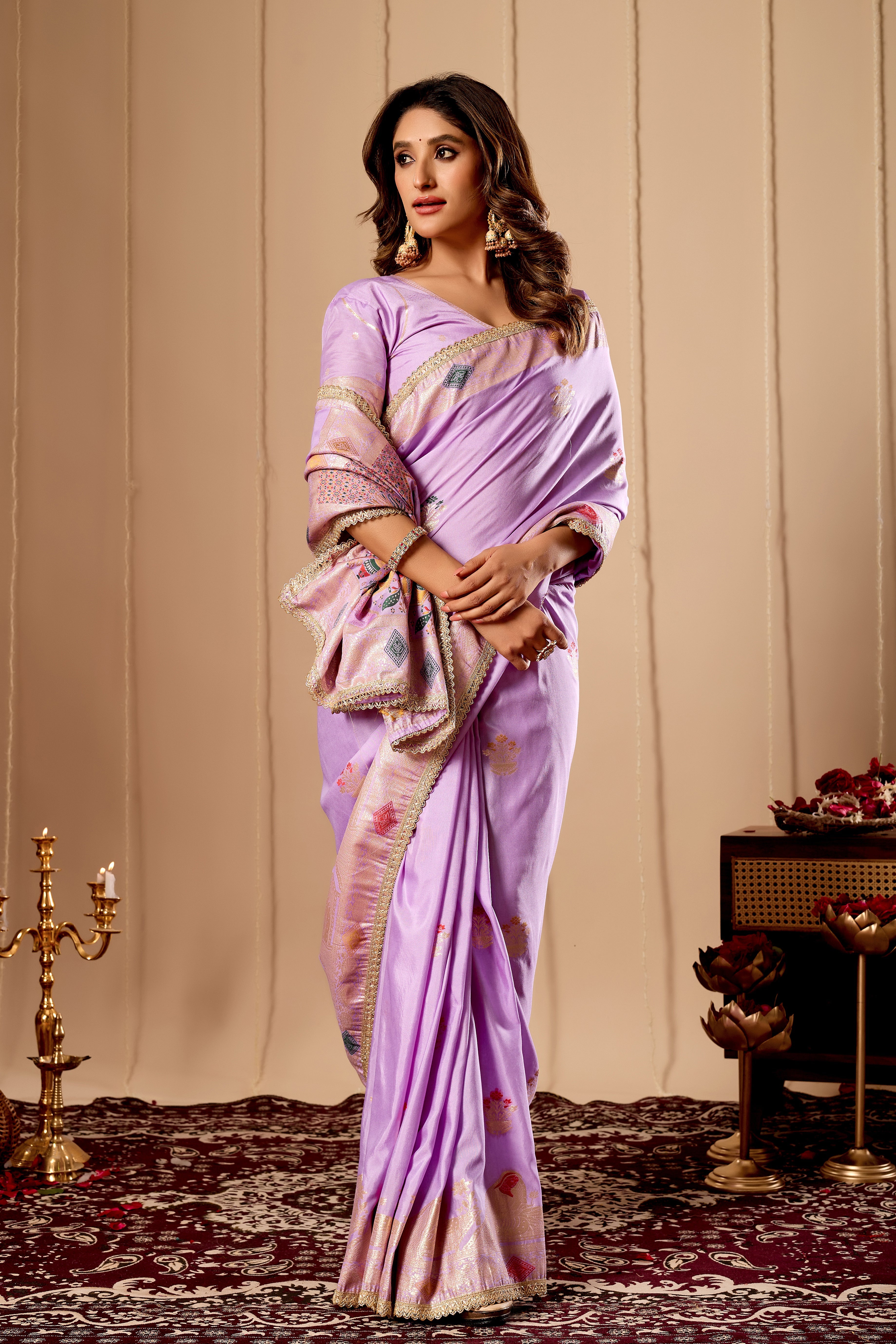 Elegant Lavender Lilac satin Silk Saree with Soft Gold Zari Weaving and Traditional Artistic Pallu