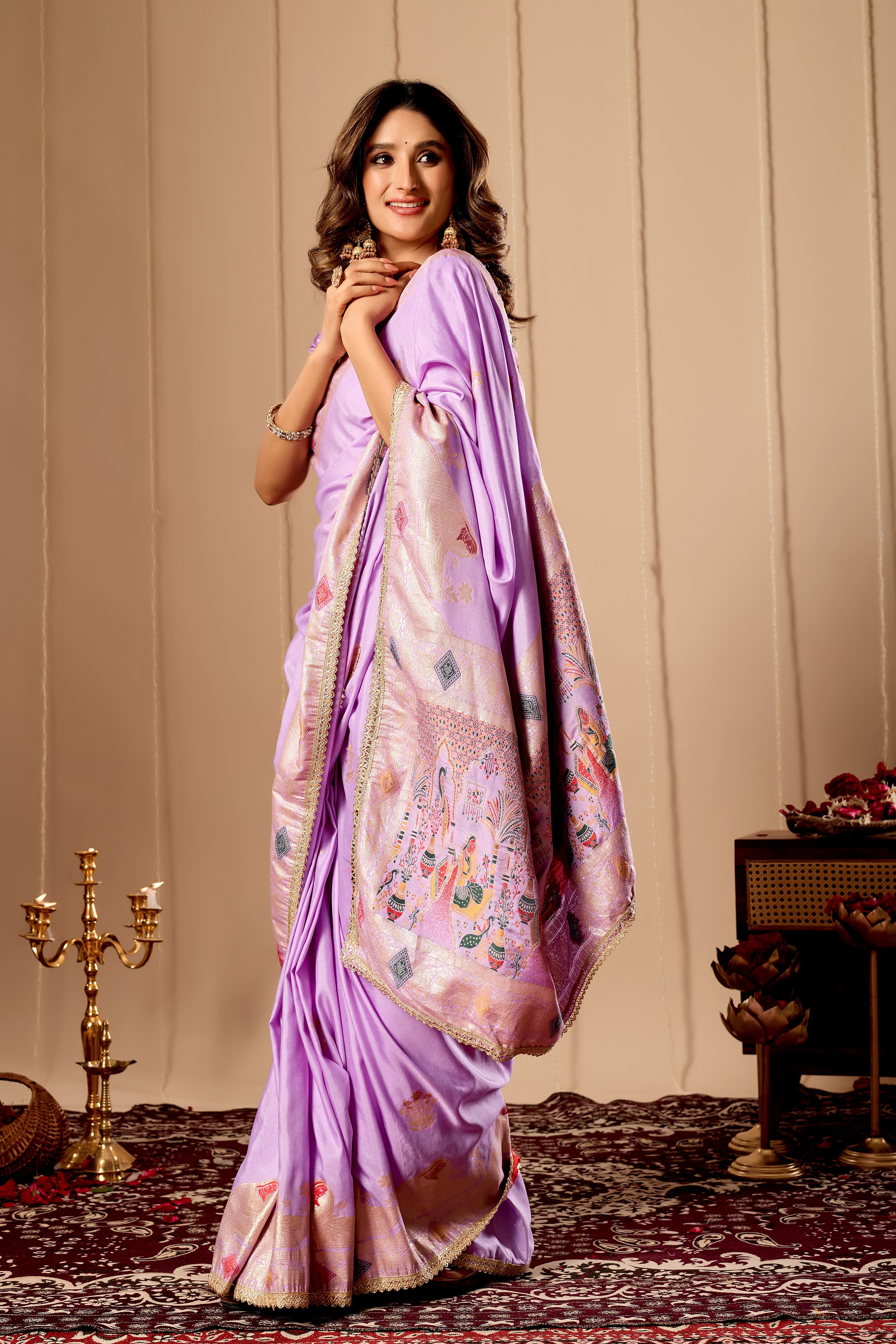 Elegant Lavender Lilac satin Silk Saree with Soft Gold Zari Weaving and Traditional Artistic Pallu