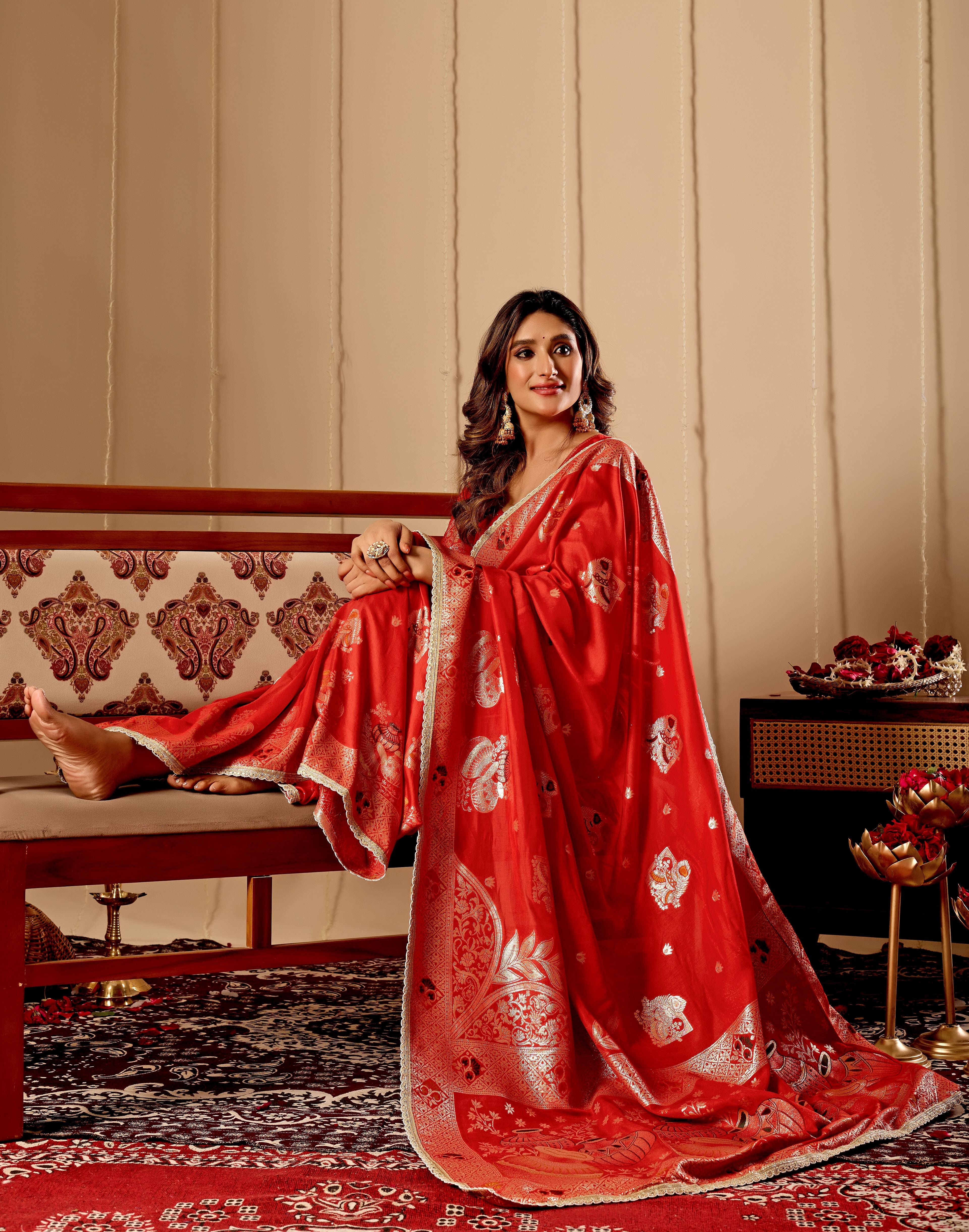 Sindoor Red Satin Heritage Silk Saree with Traditional Zari Motifs