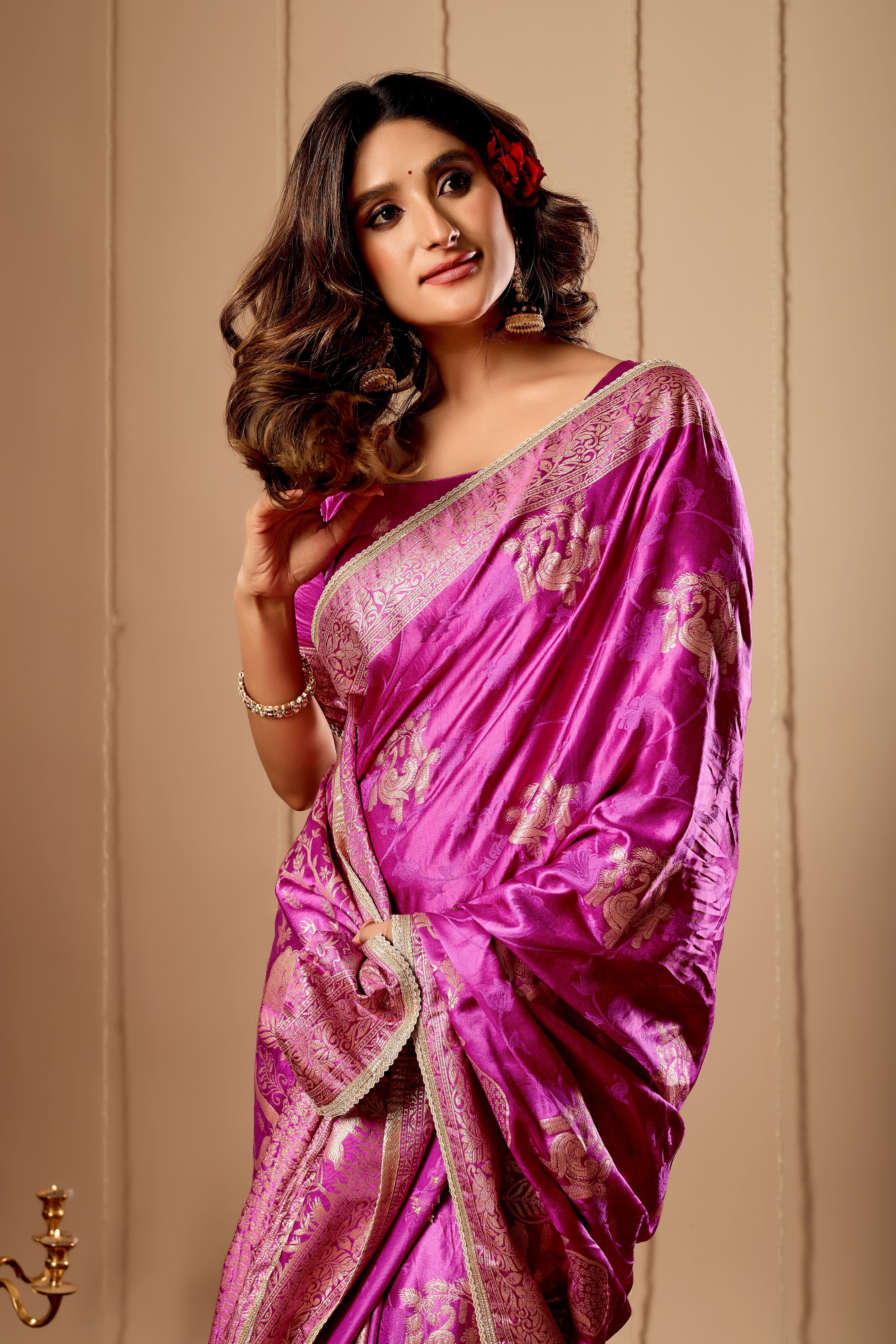 Royal Orchid Pink Satin Silk Saree with Traditional Gold Zari Weaving