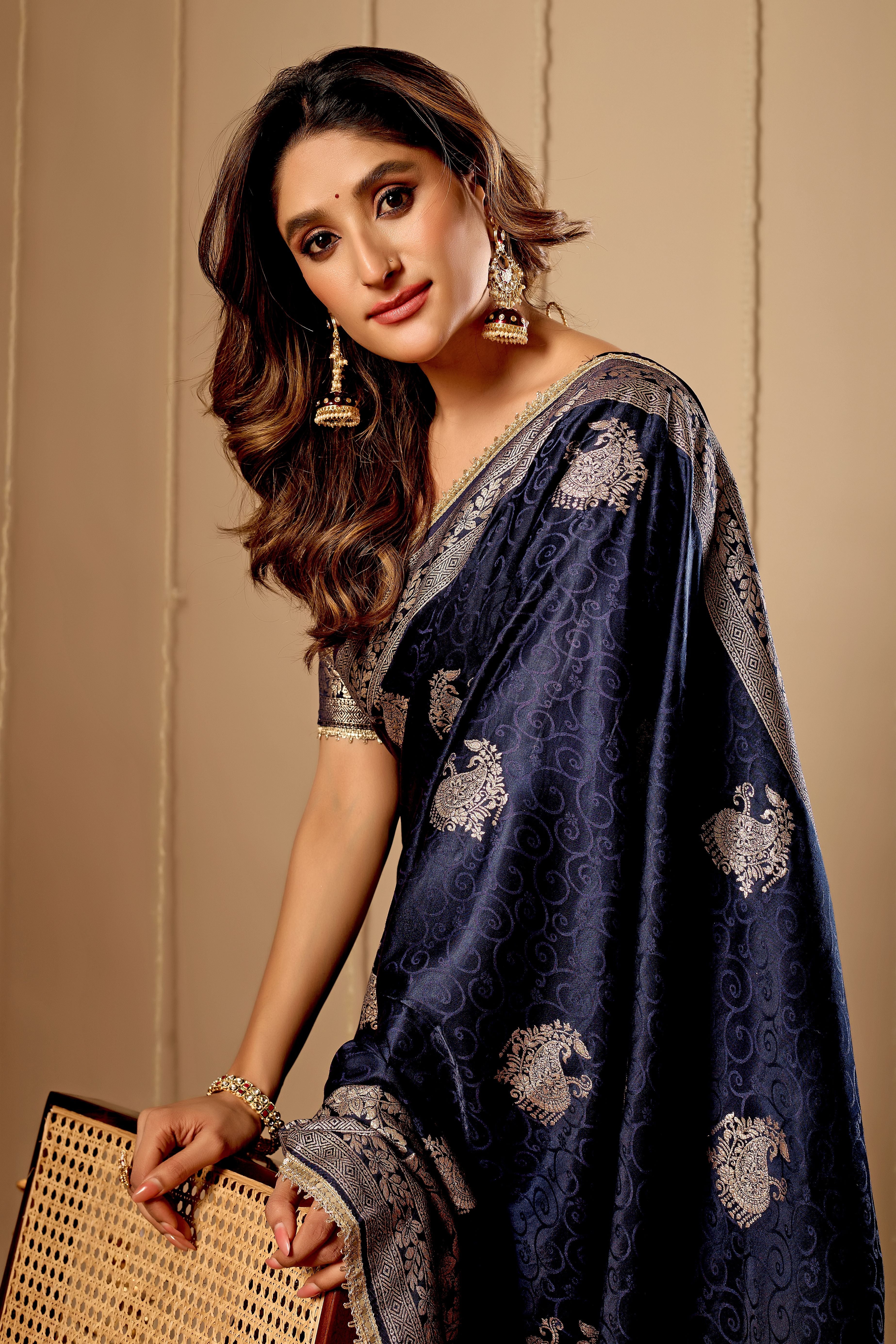 Royal Midnight Blue Satin Silk Saree with Antique Silver Zari Motifs