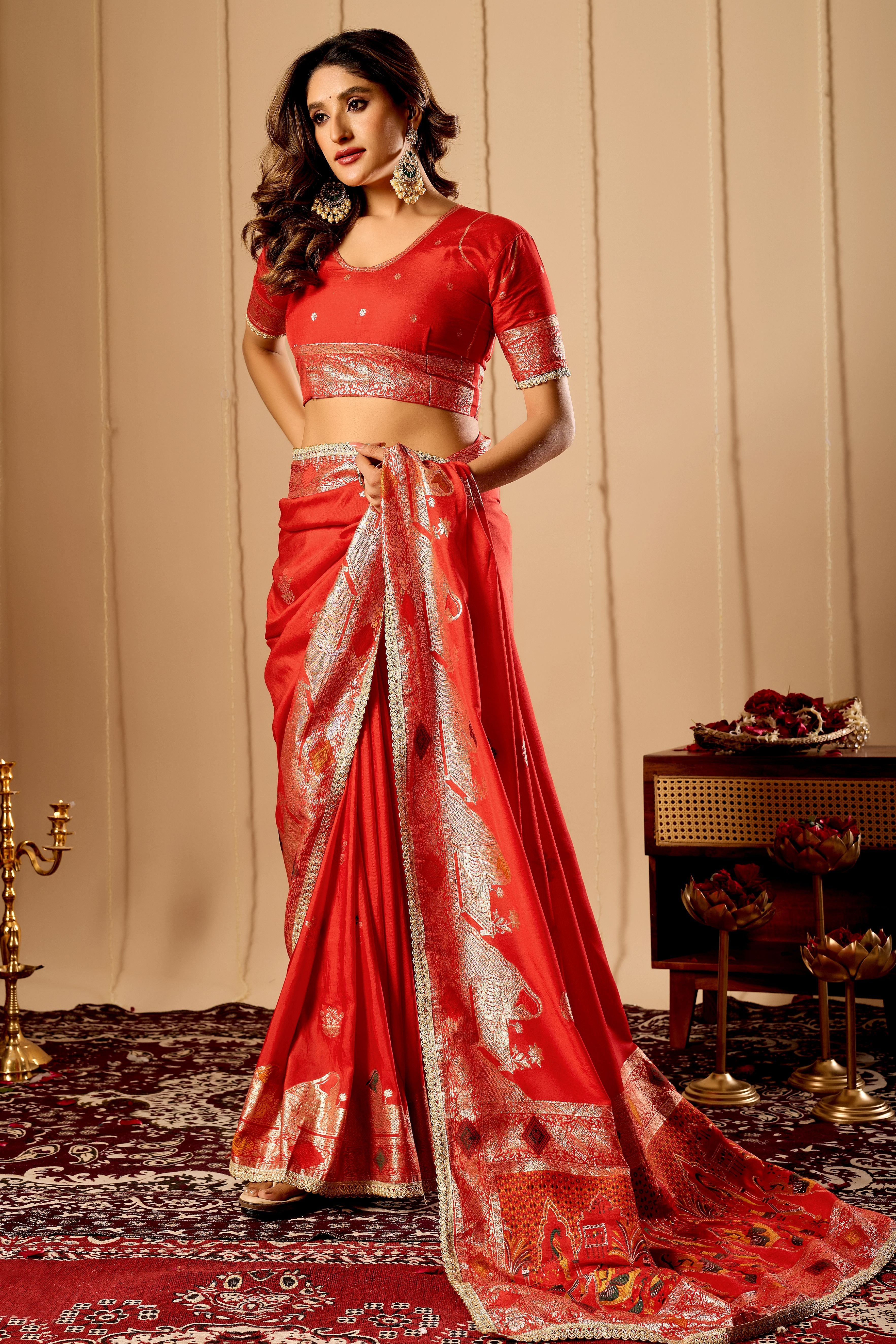 Crimson Vermilion Satin Silk Saree with Traditional Gold Zari Border