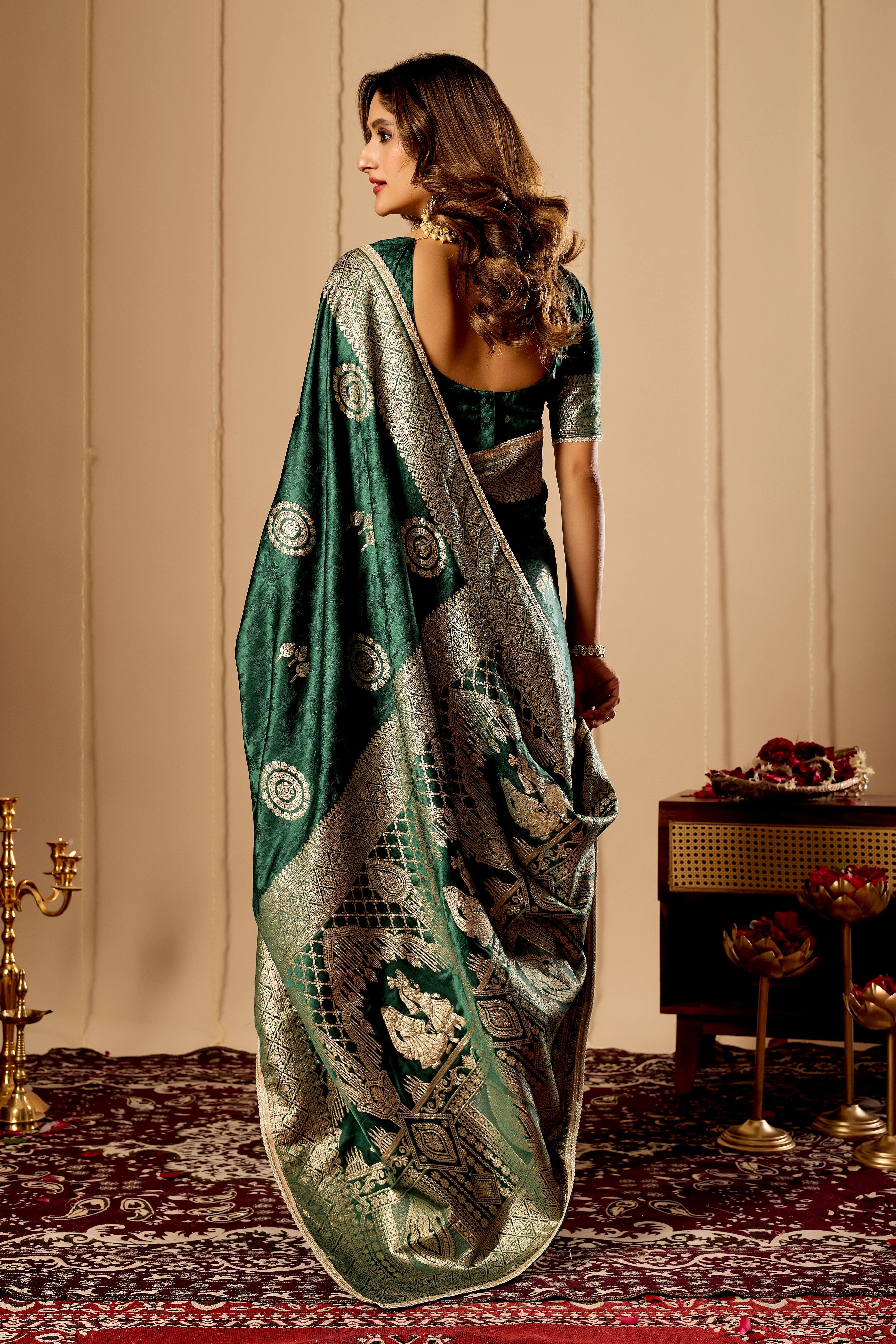 Emerald Green Royale Satin Silk Saree with Antique Gold Zari Weave