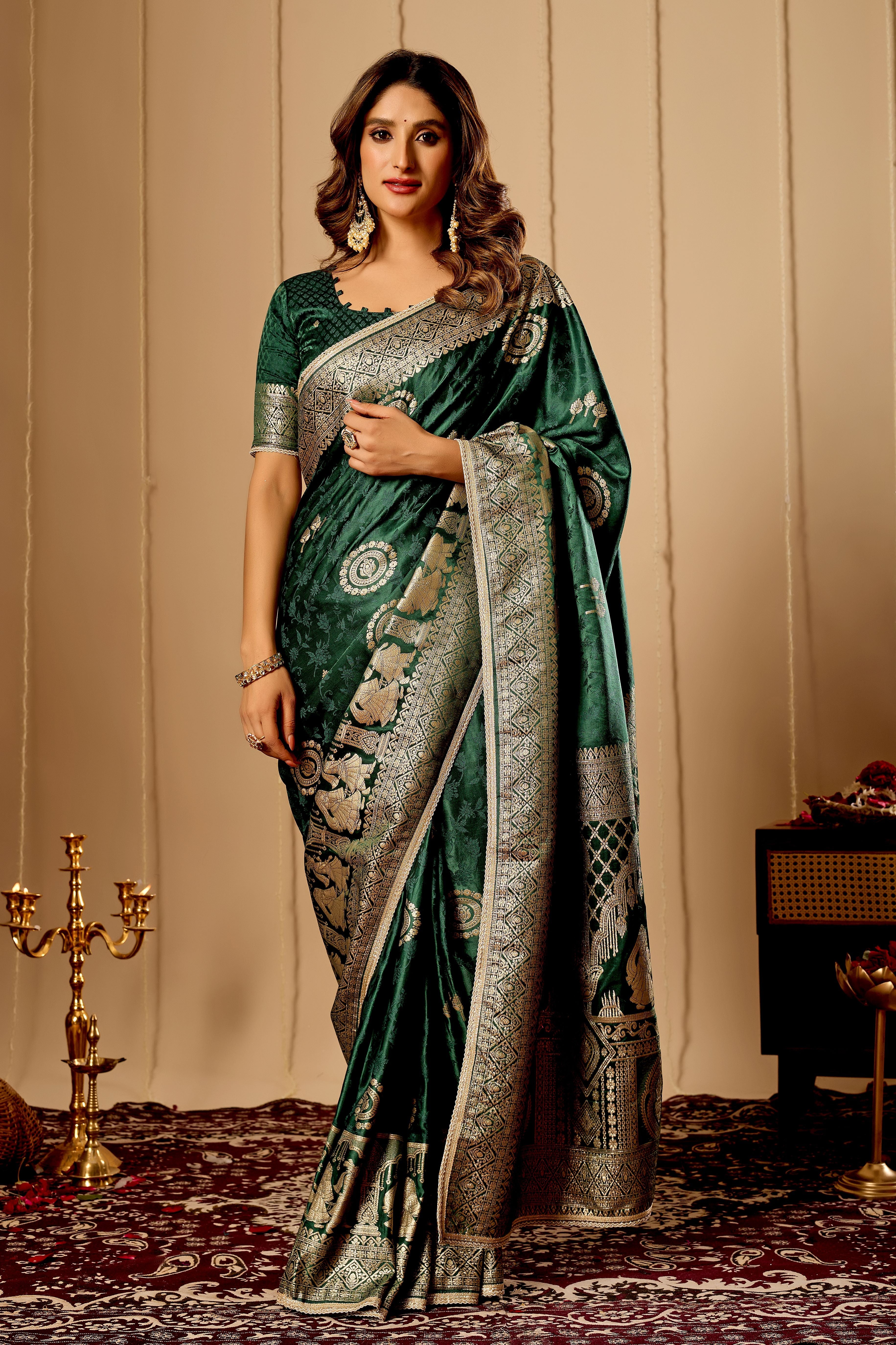 Emerald Green Royale Satin Silk Saree with Antique Gold Zari Weave