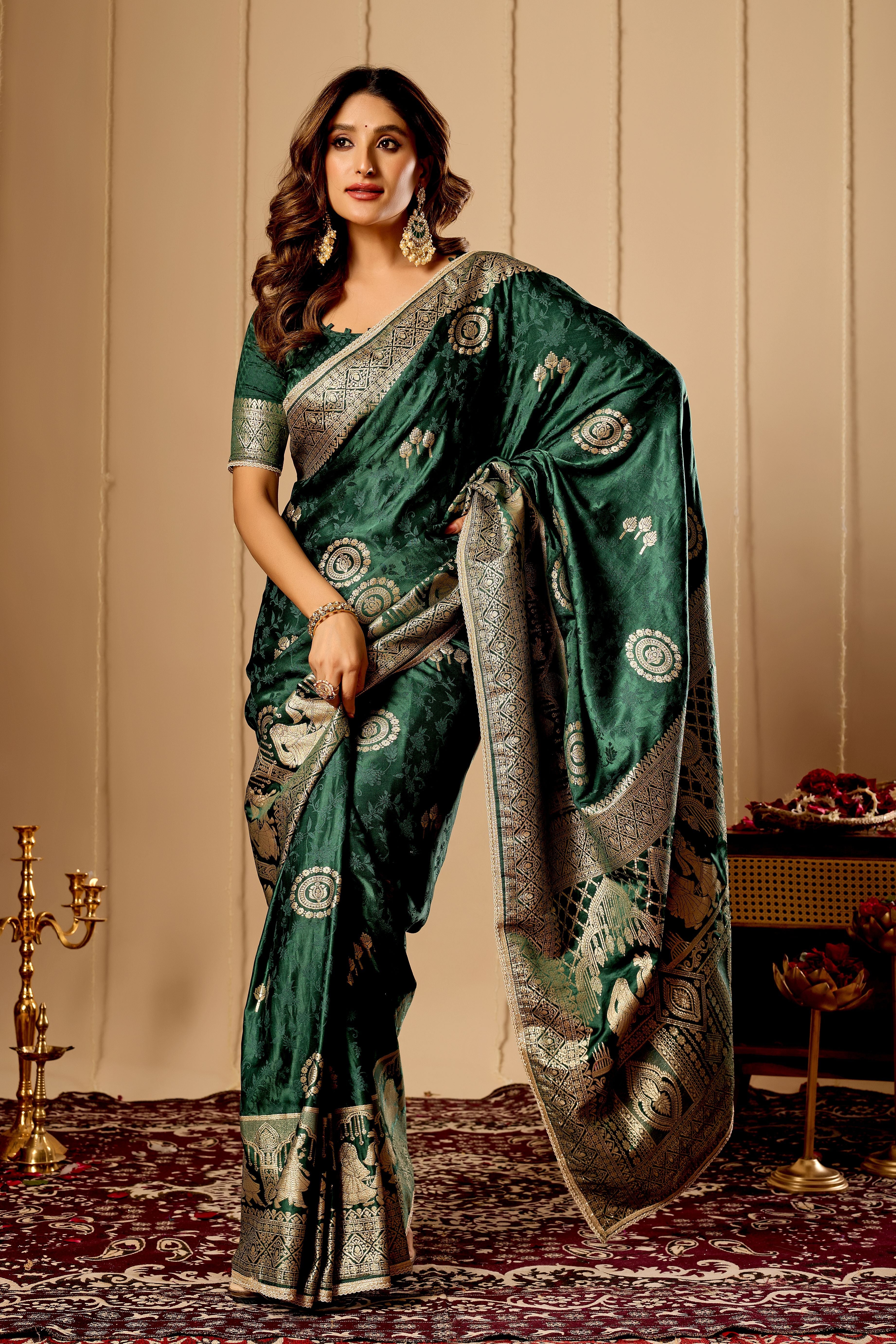 Emerald Green Royale Satin Silk Saree with Antique Gold Zari Weave