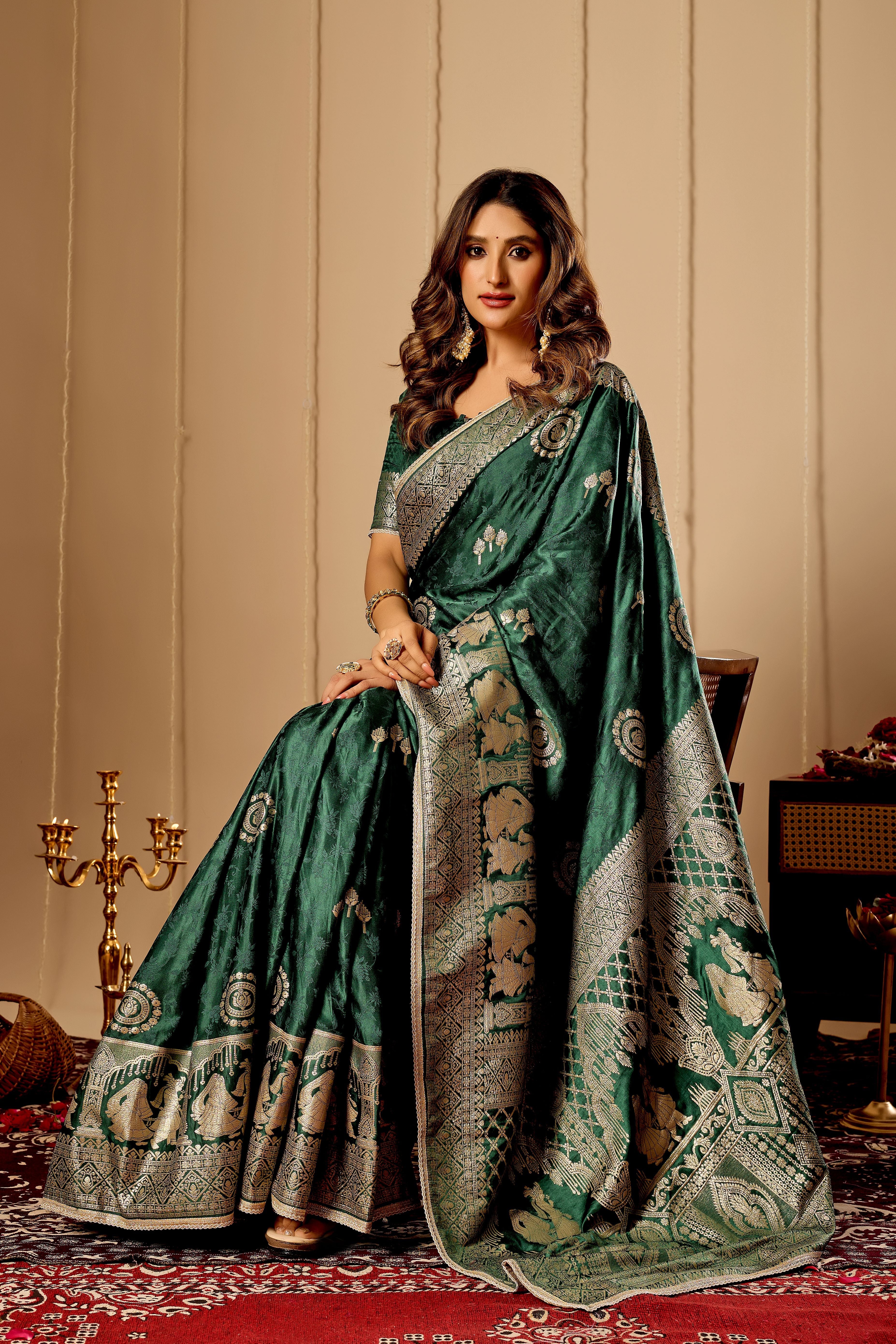 Emerald Green Royale Satin Silk Saree with Antique Gold Zari Weave