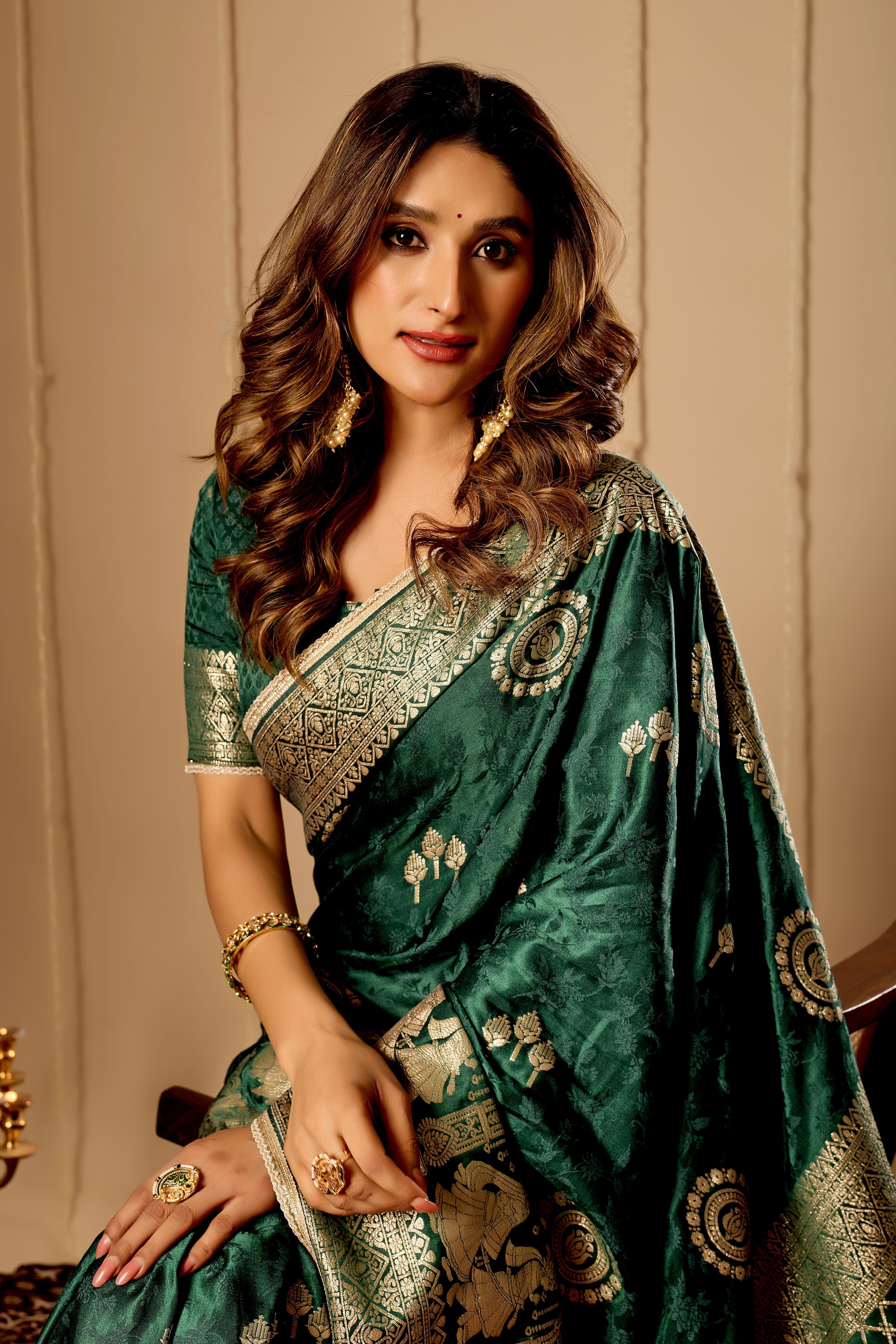 Emerald Green Royale Satin Silk Saree with Antique Gold Zari Weave