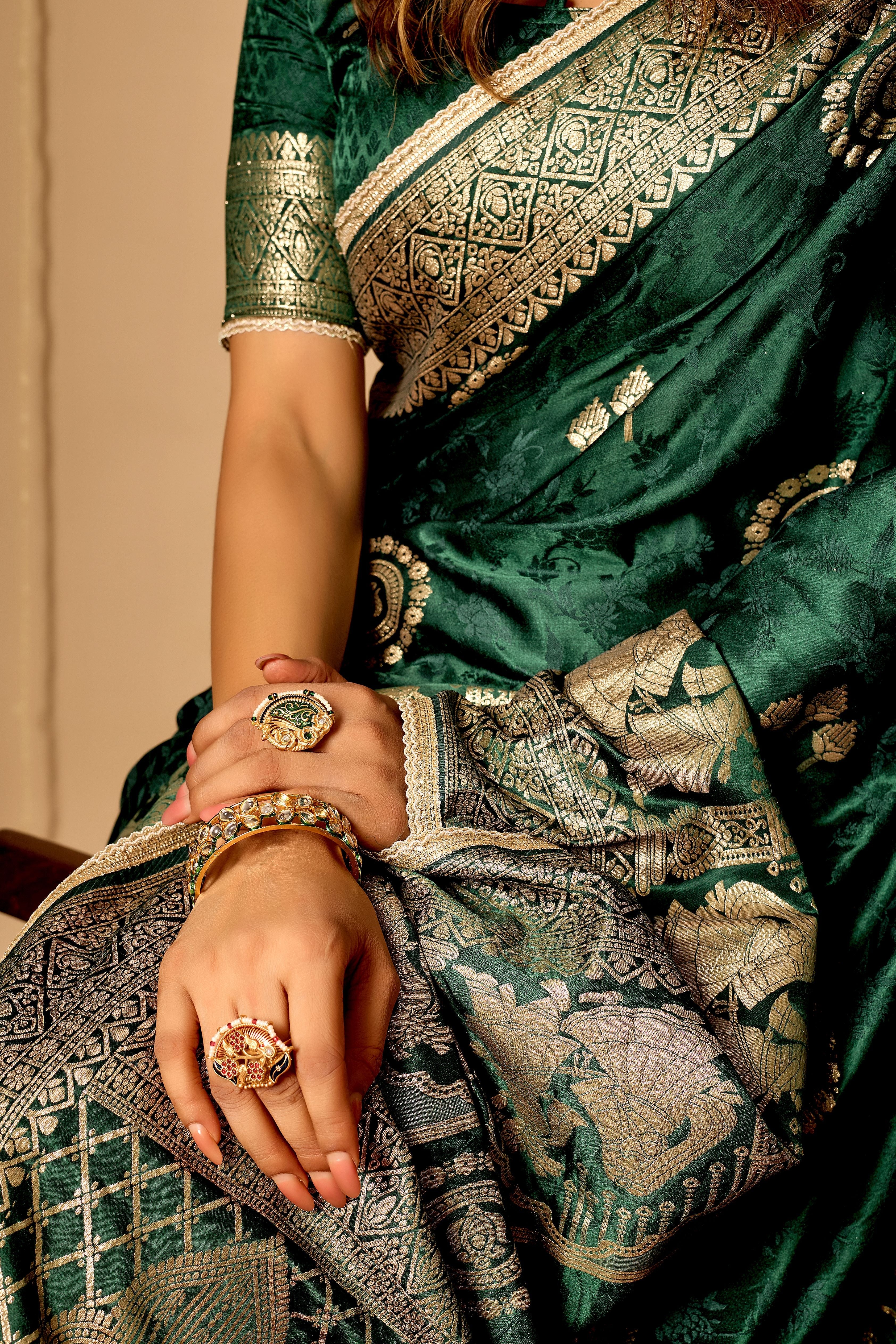 Emerald Green Royale Satin Silk Saree with Antique Gold Zari Weave