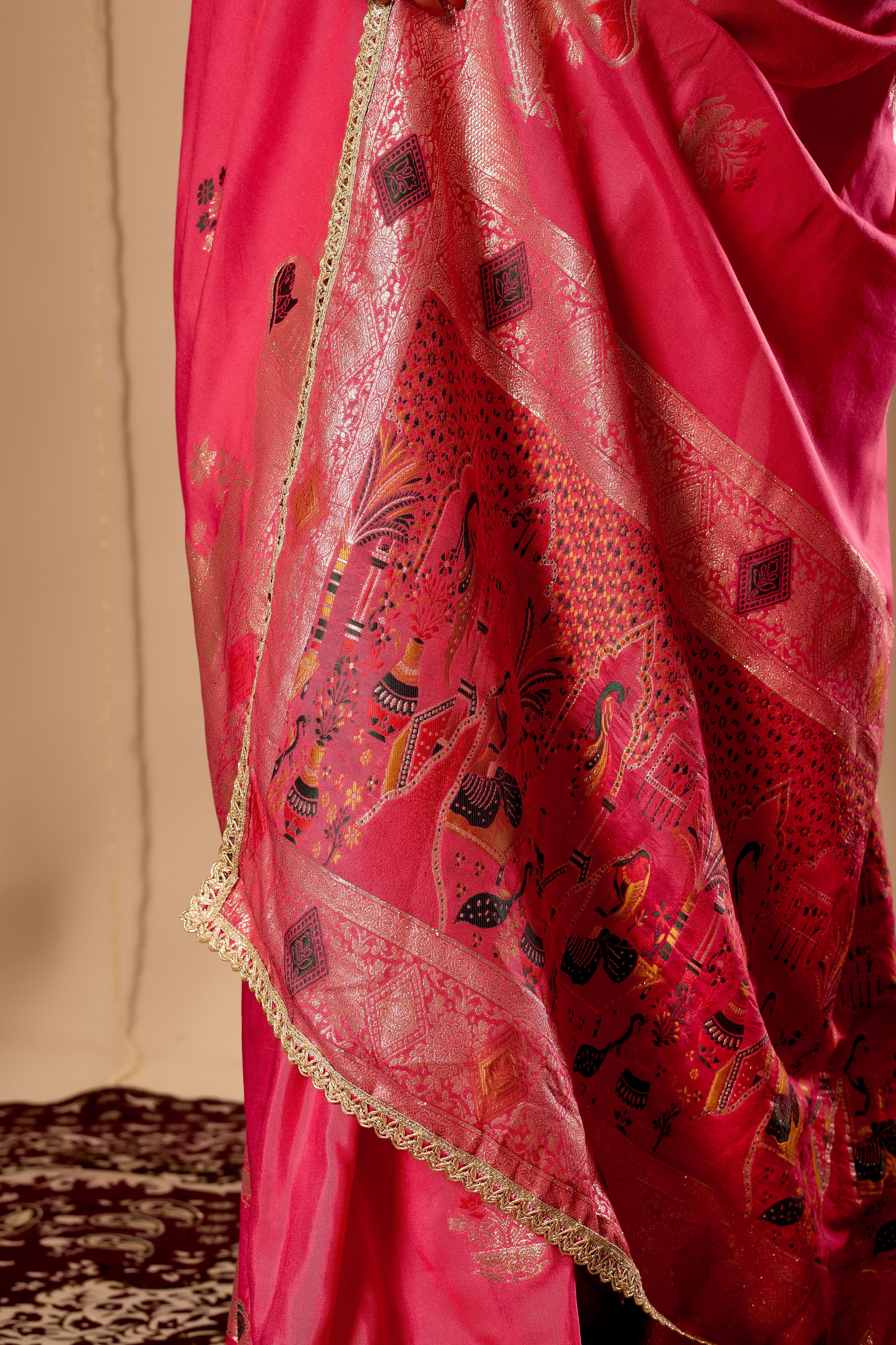Radiant Rose Pink Satin Silk Saree with Antique Gold Zari Motifs and Ornate Traditional Pallu