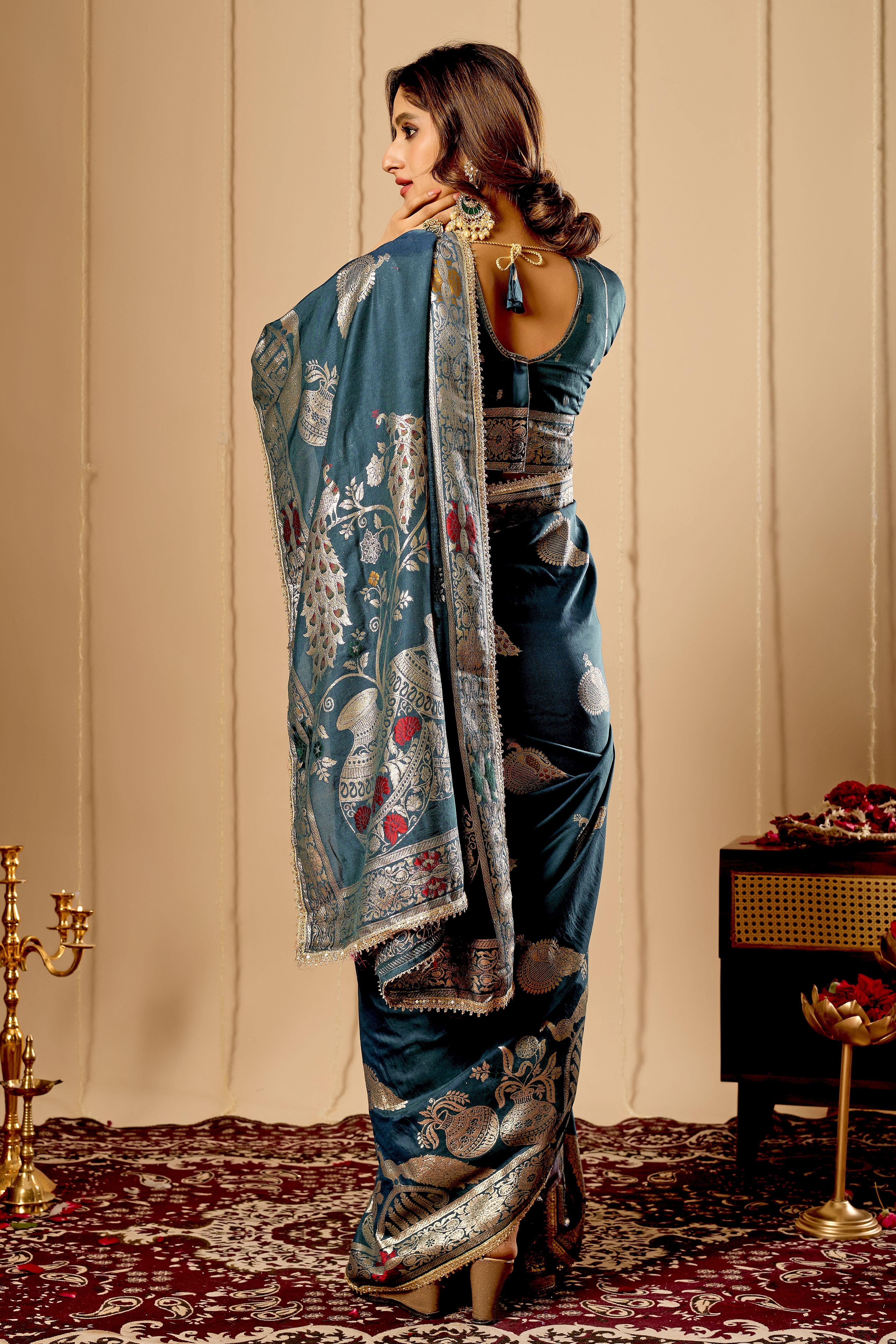 Elegant Teal Blue Satin Silk Saree with Silver Zari Motifs and Richly Woven Traditional Pallu