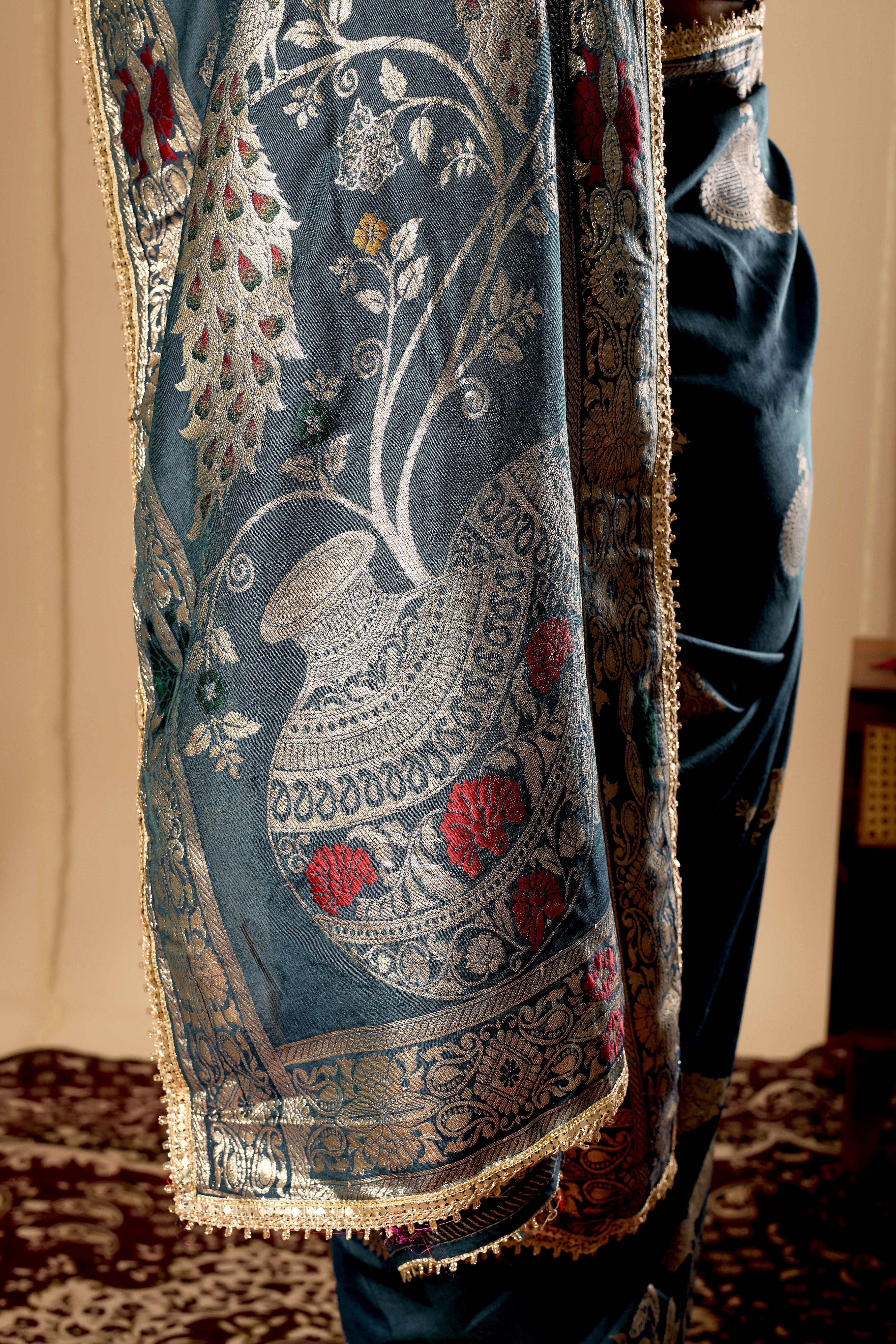 Elegant Teal Blue Satin Silk Saree with Silver Zari Motifs and Richly Woven Traditional Pallu