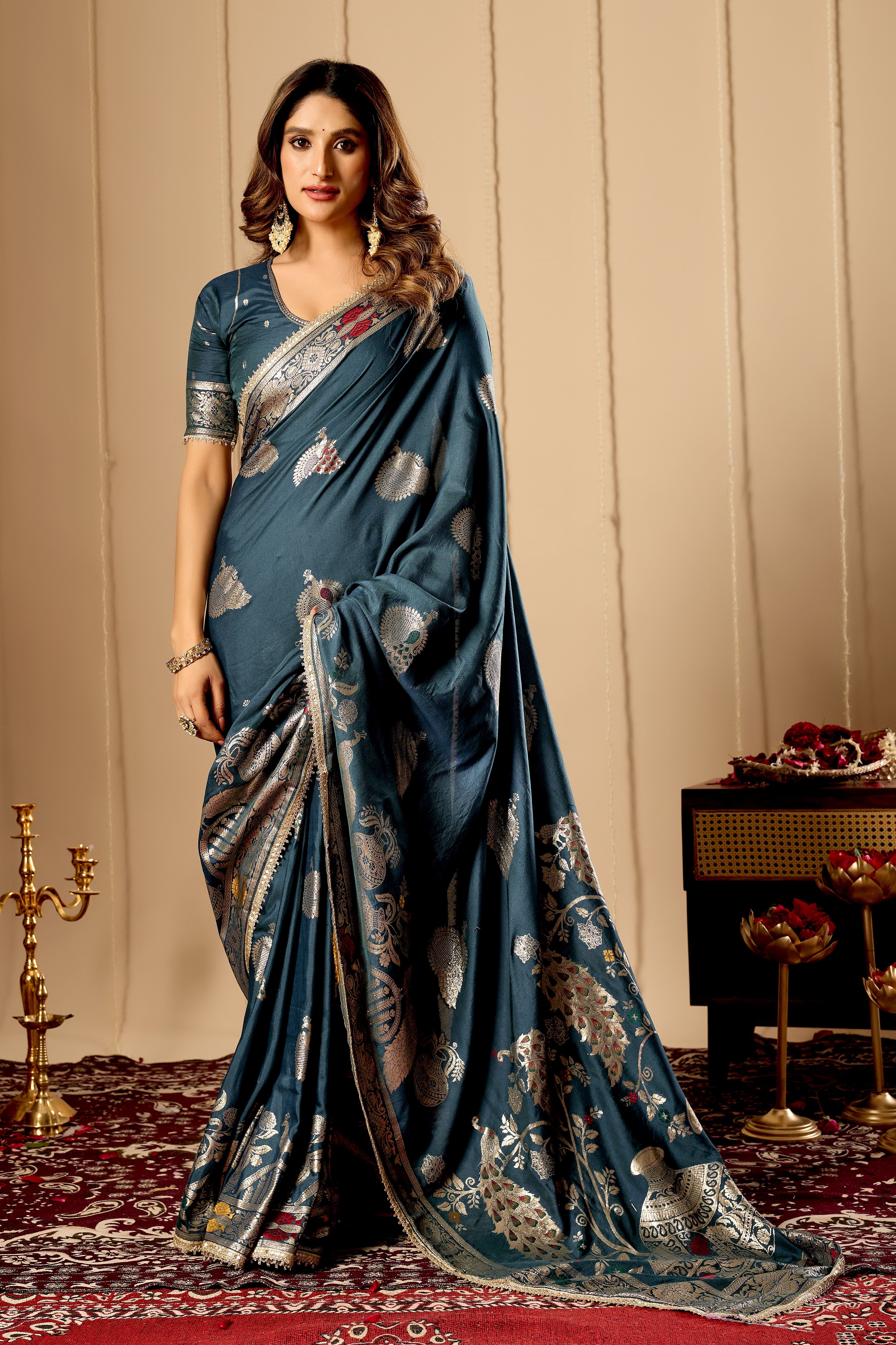 Elegant Teal Blue Satin Silk Saree with Silver Zari Motifs and Richly Woven Traditional Pallu