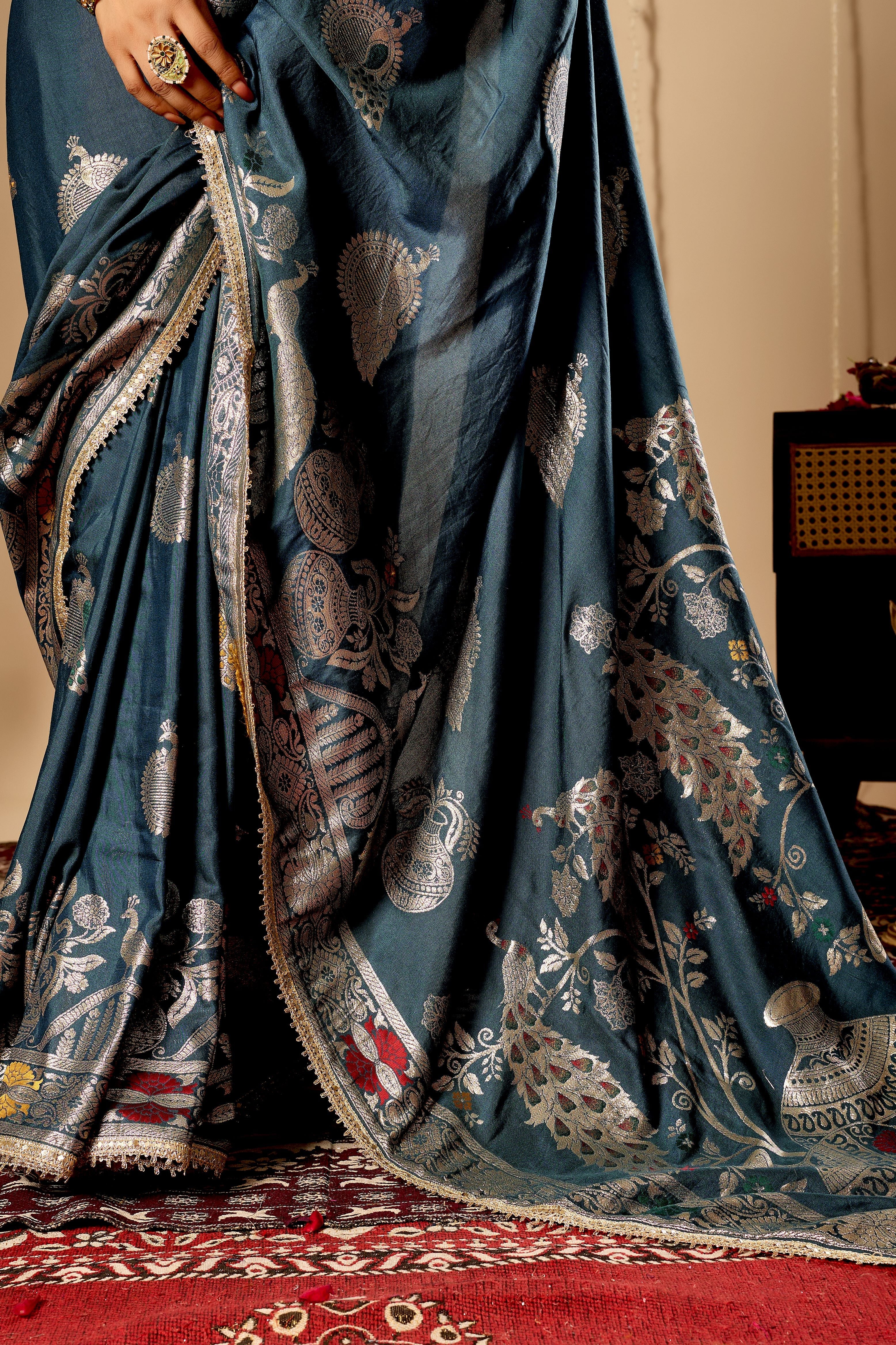 Elegant Teal Blue Satin Silk Saree with Silver Zari Motifs and Richly Woven Traditional Pallu