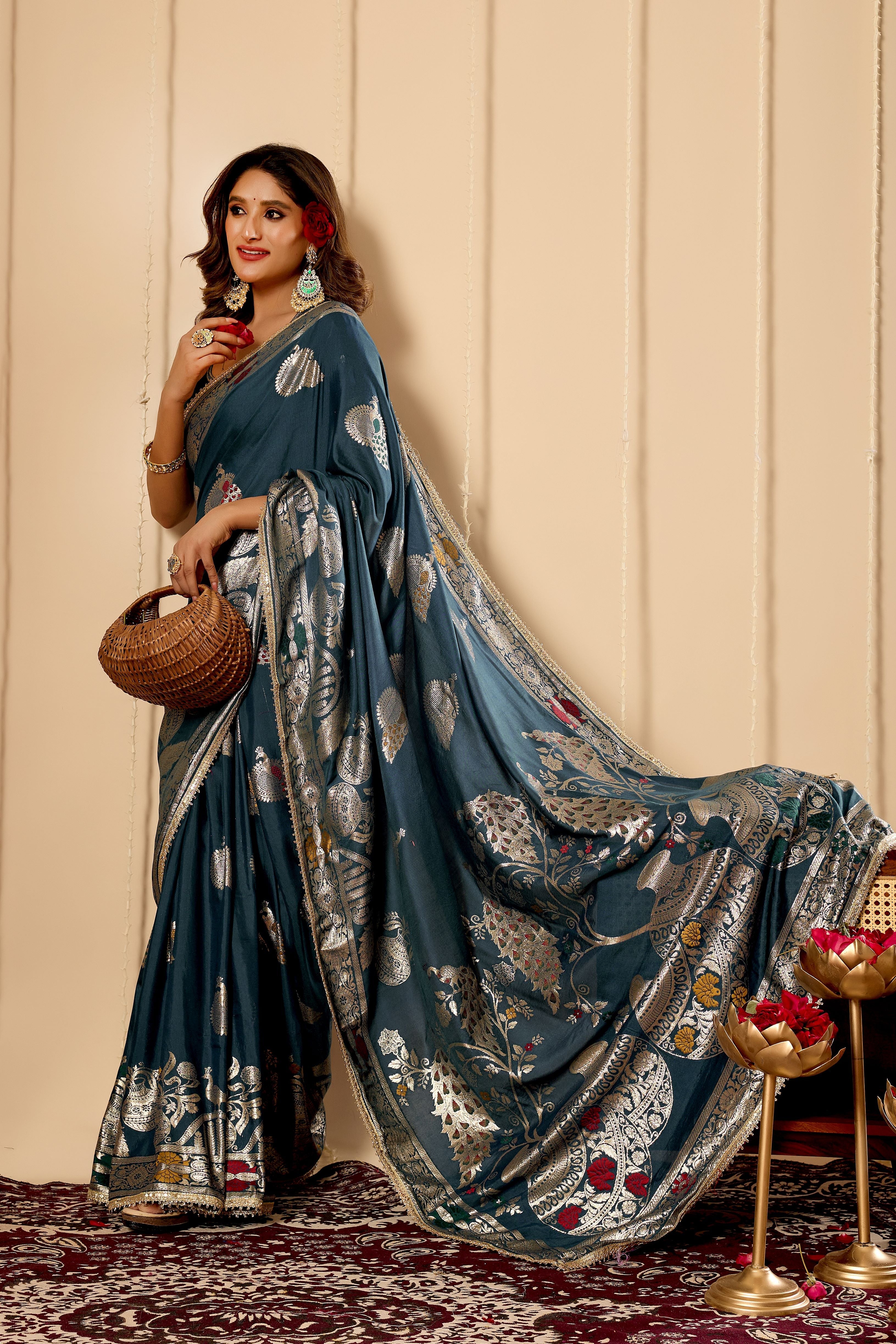 Elegant Teal Blue Satin Silk Saree with Silver Zari Motifs and Richly Woven Traditional Pallu