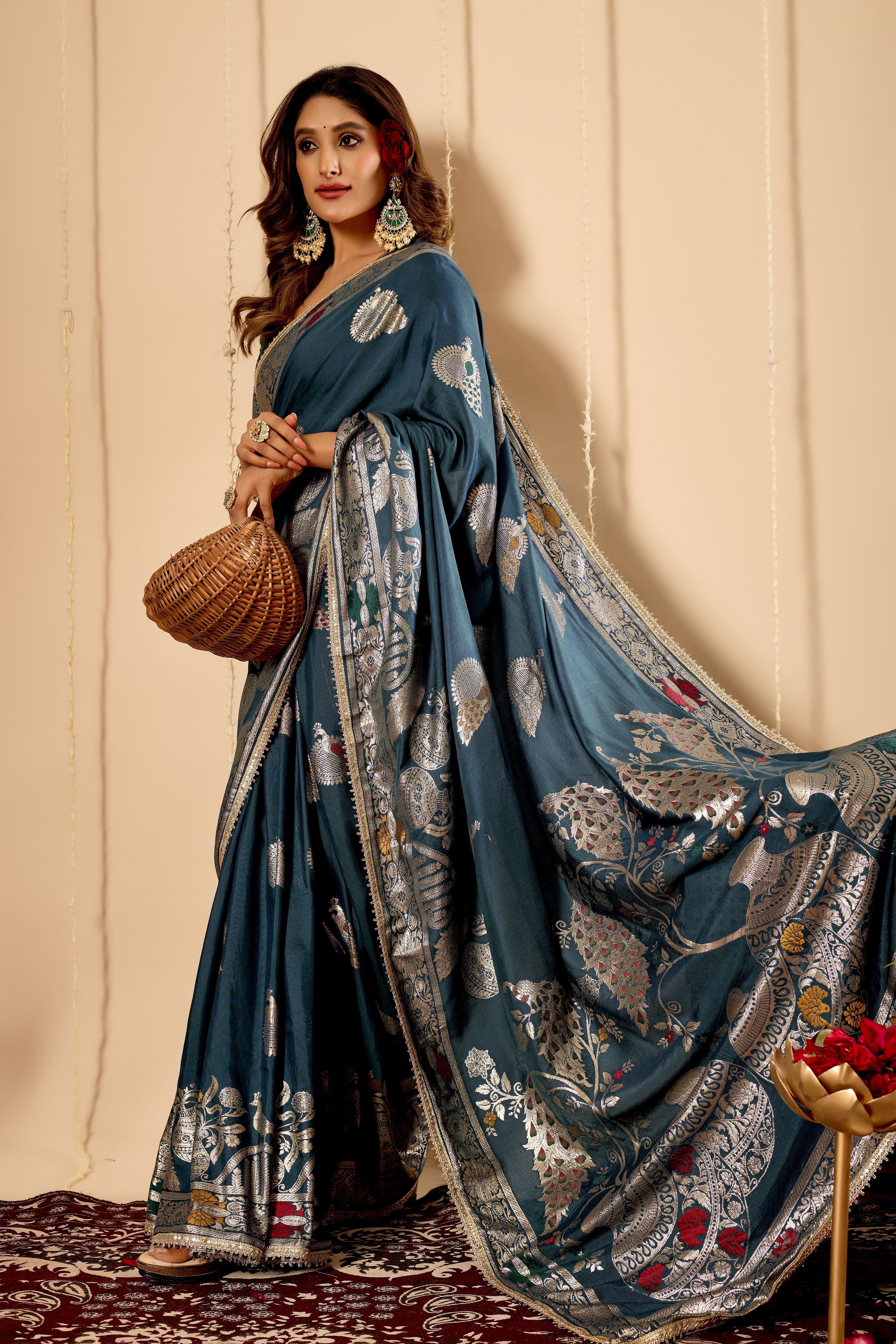 Elegant Teal Blue Satin Silk Saree with Silver Zari Motifs and Richly Woven Traditional Pallu