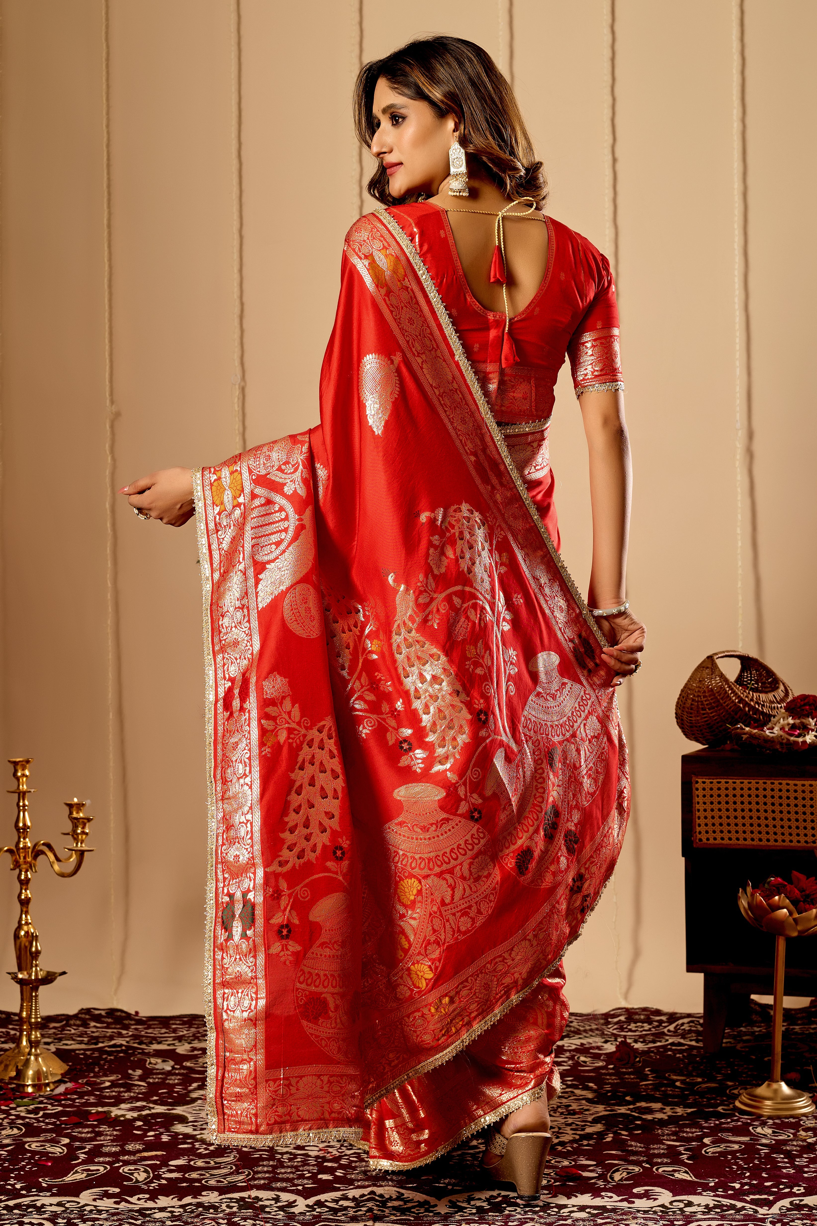 Classic Crimson Red satin Silk Saree with Antique Gold Zari Weaving