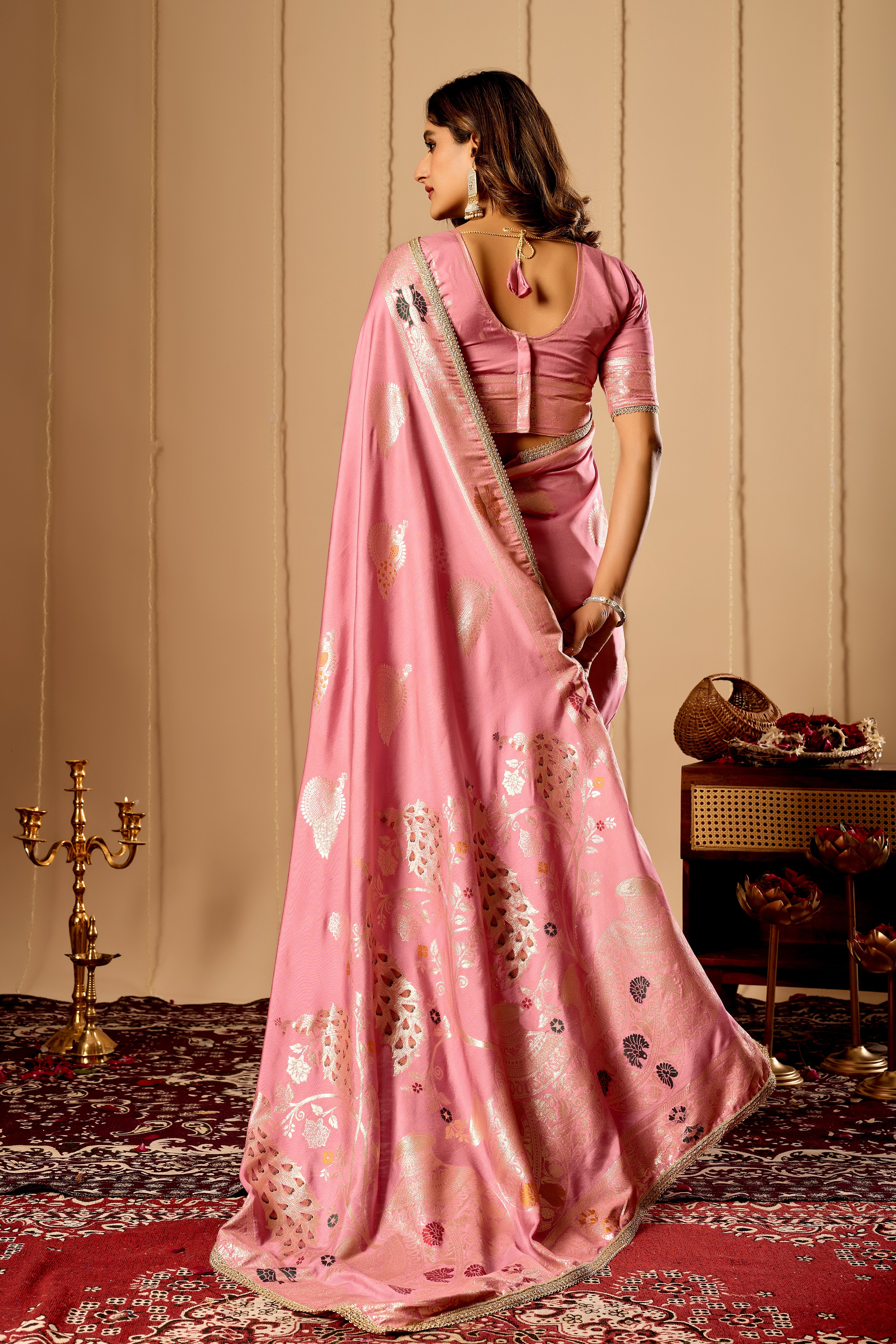 Soft Blush Pink Satin Silk Saree with Antique Gold Zari Motifs