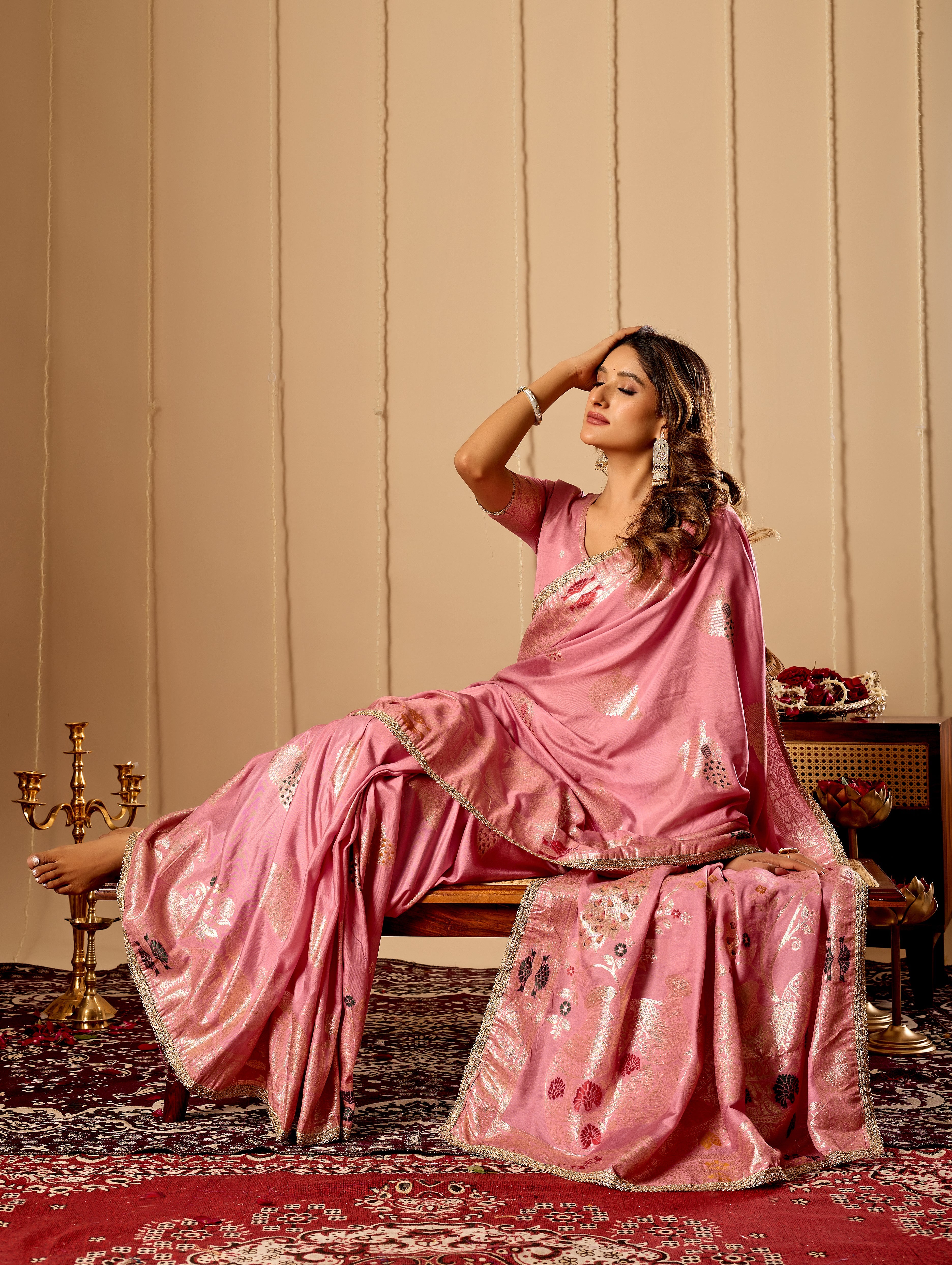 Soft Blush Pink Satin Silk Saree with Antique Gold Zari Motifs