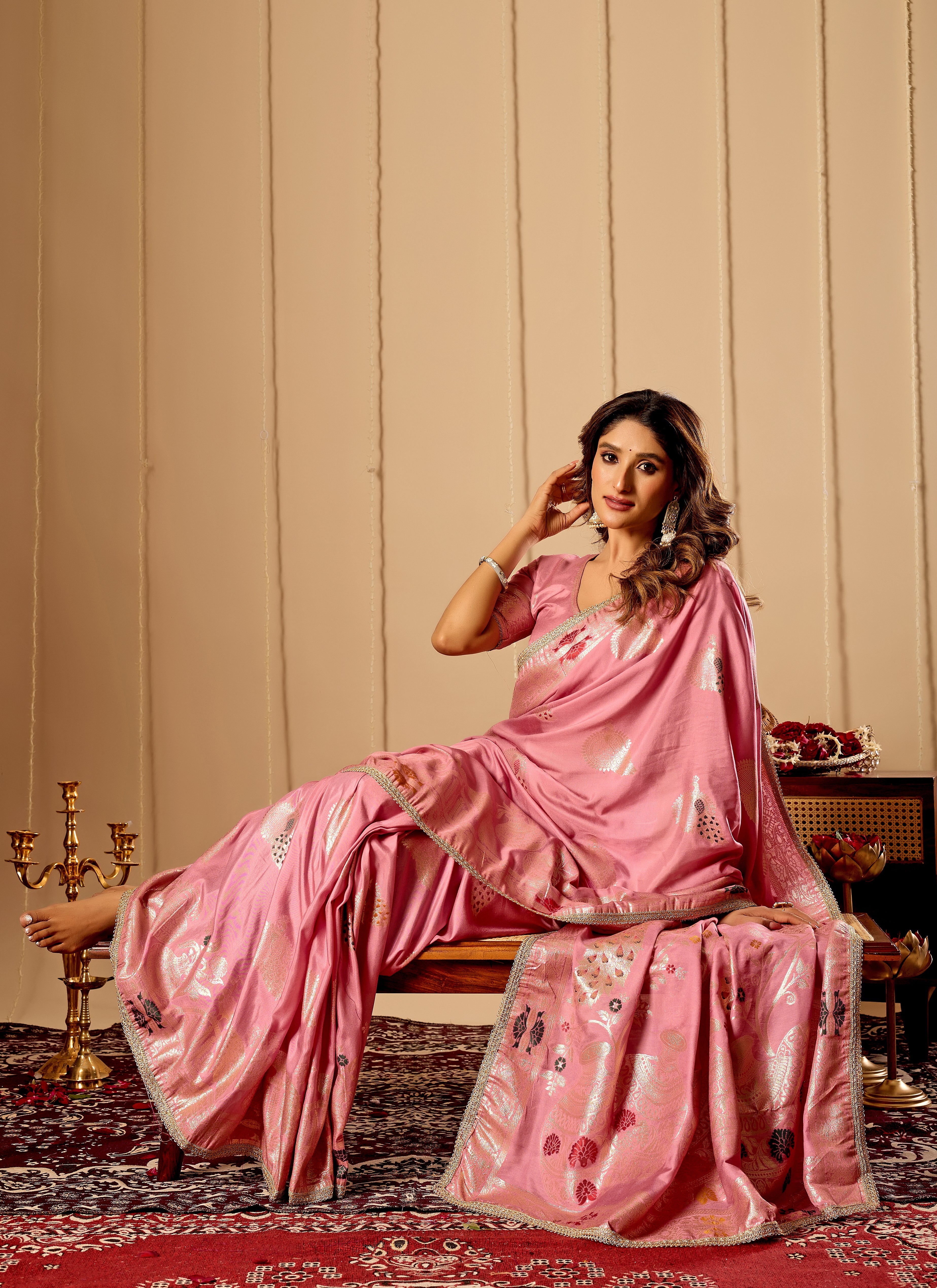 Soft Blush Pink Satin Silk Saree with Antique Gold Zari Motifs