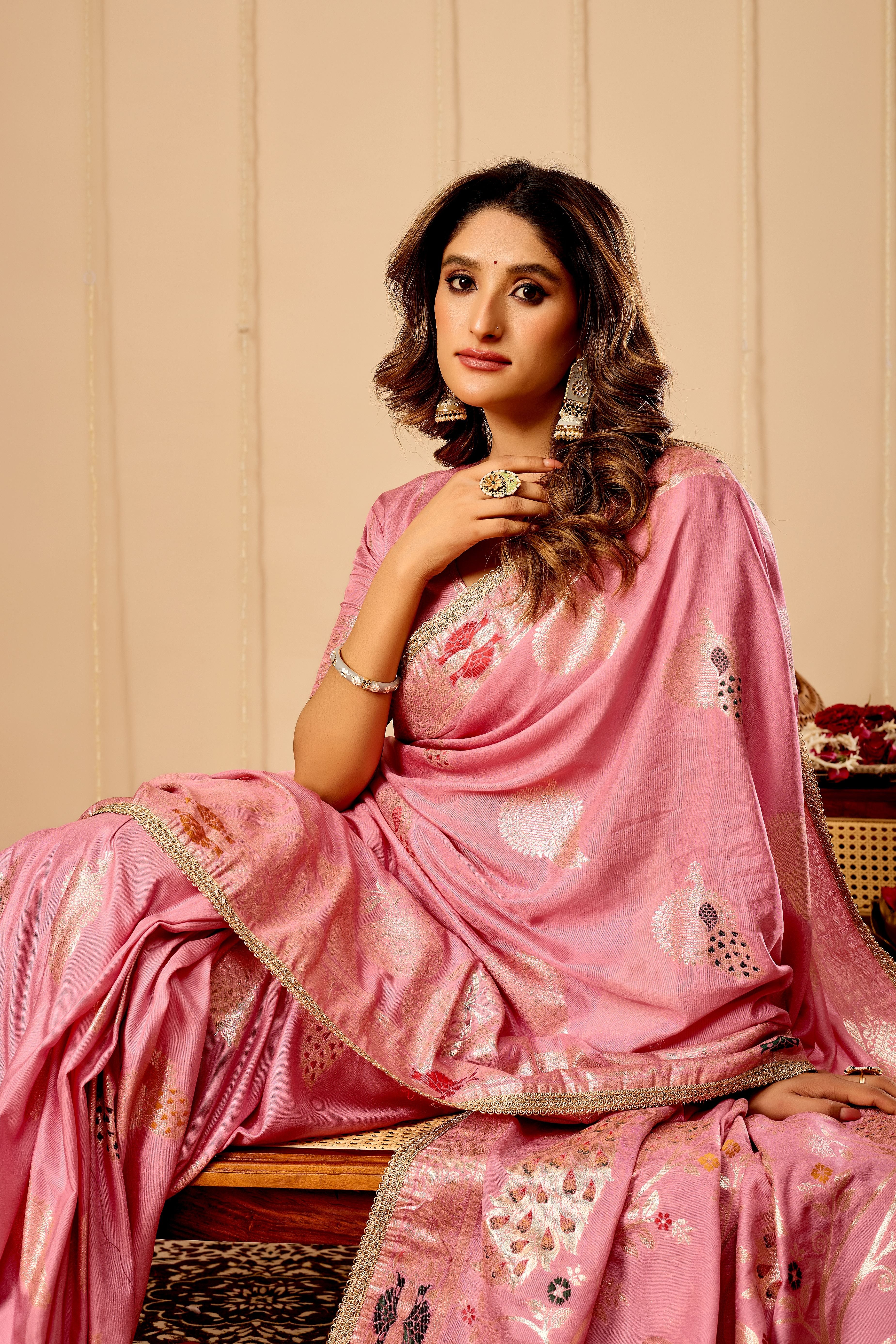 Soft Blush Pink Satin Silk Saree with Antique Gold Zari Motifs