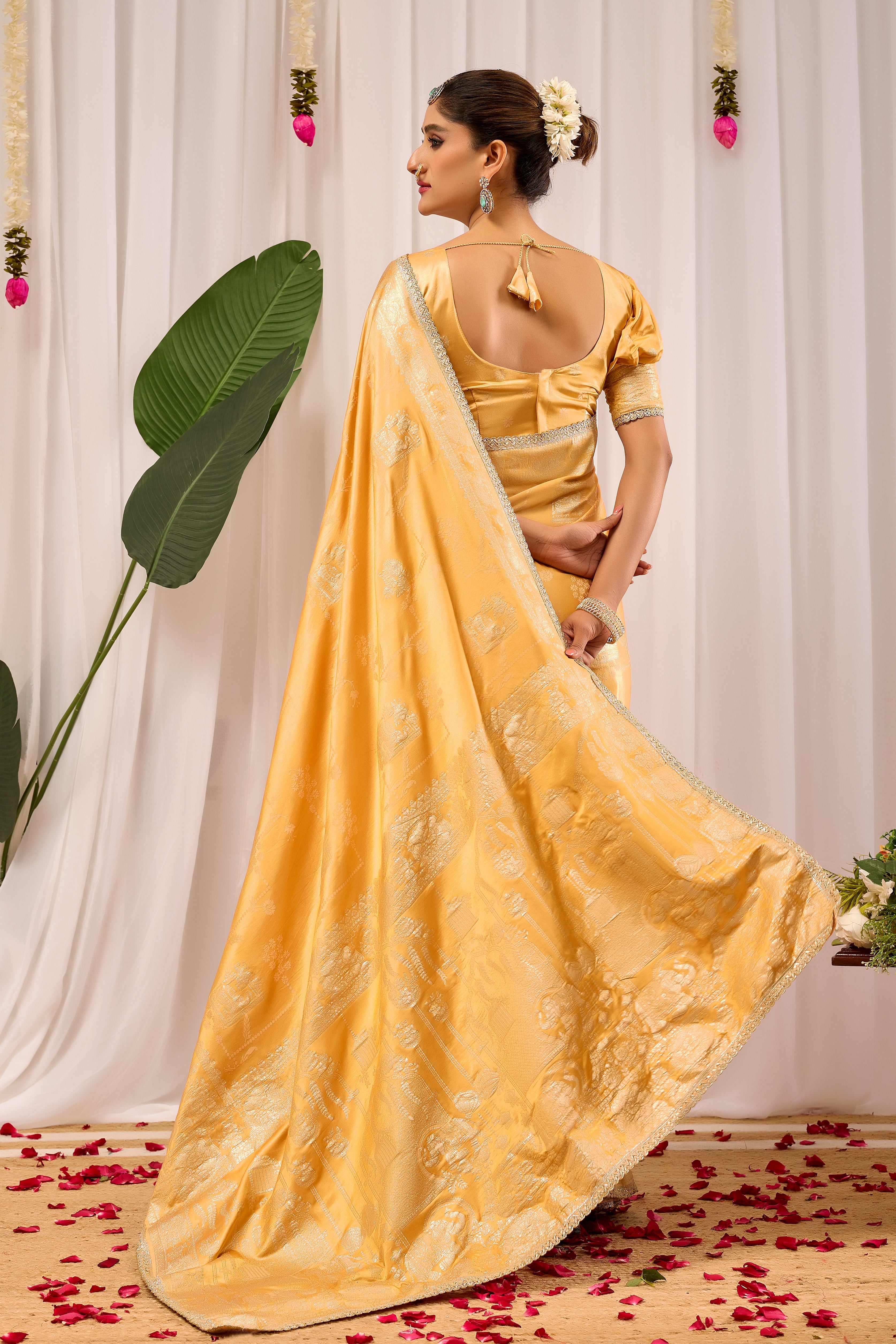 Golden Amber Heritage Satin Silk Saree with Subtle Zari Elegance