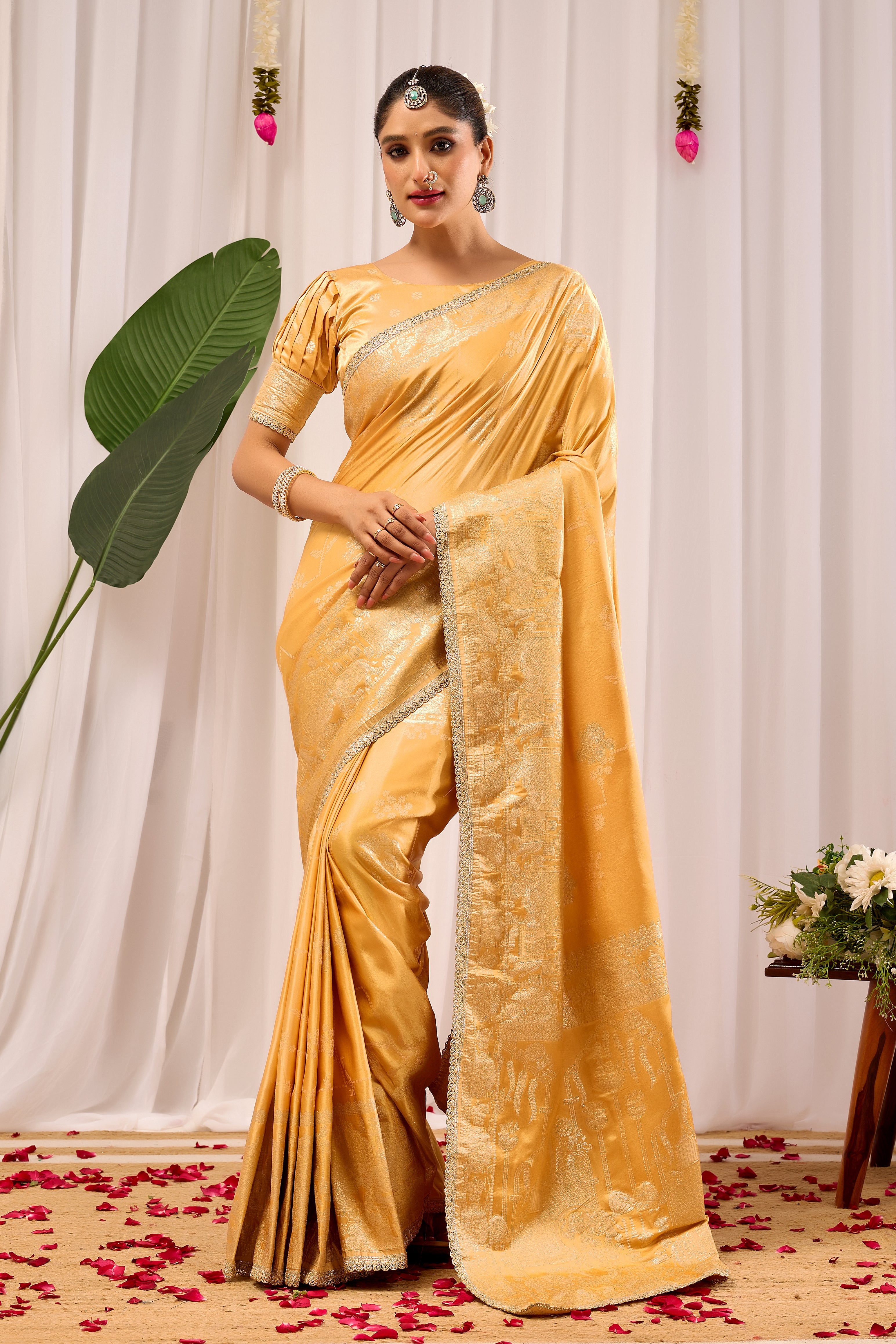 Golden Amber Heritage Satin Silk Saree with Subtle Zari Elegance