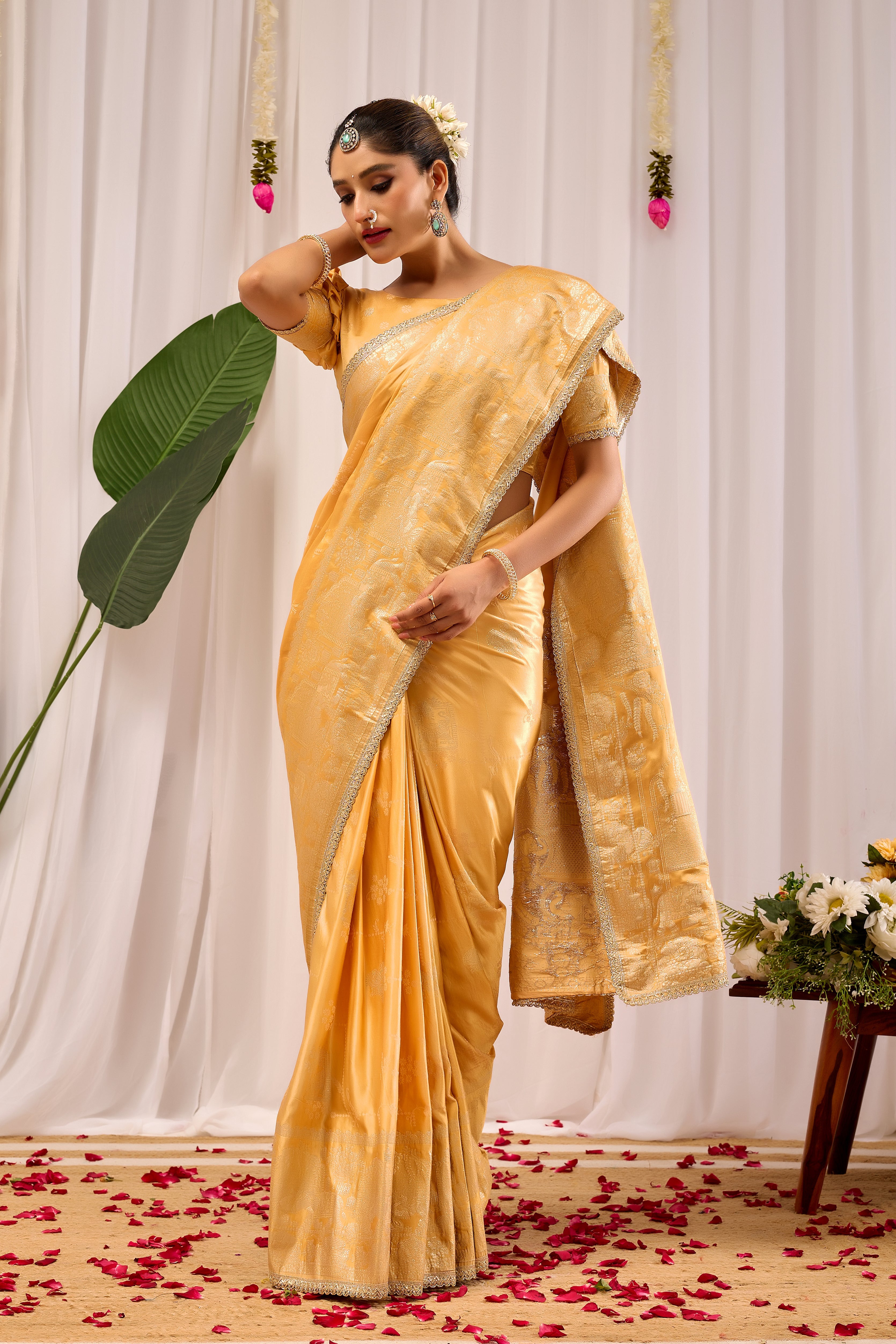 Golden Amber Heritage Satin Silk Saree with Subtle Zari Elegance