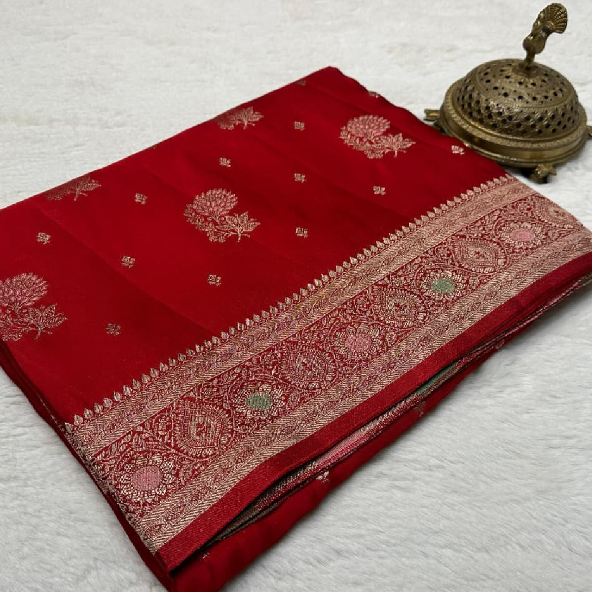 Red Kanchipuram Soft Silk Saree with Heavy Zari Border & Meena Butta