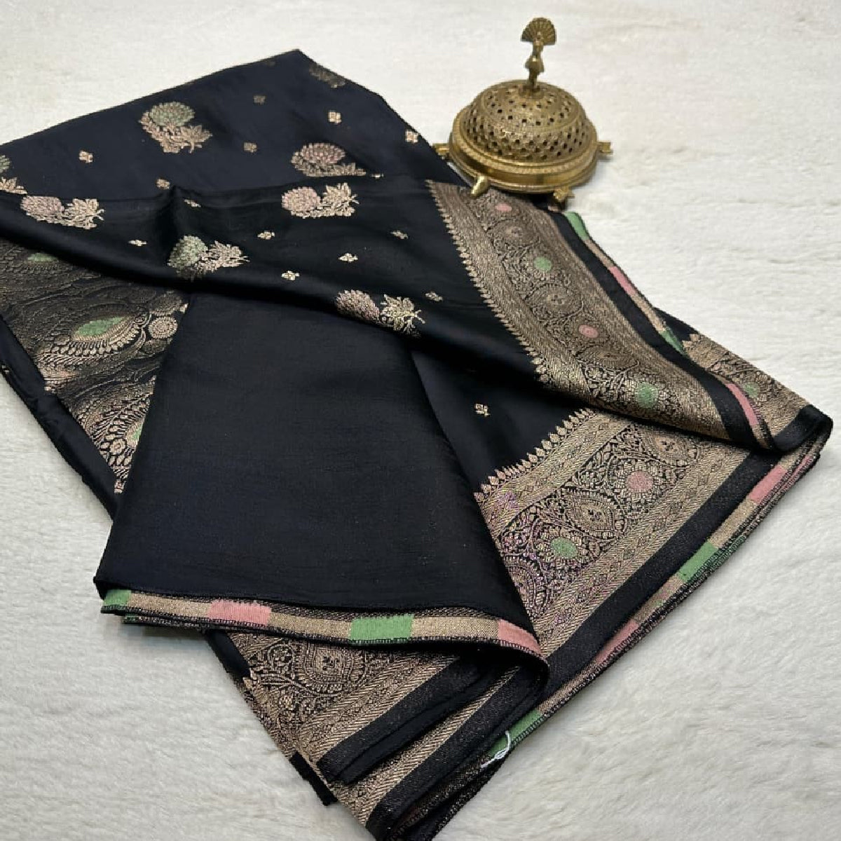 Stunning Black Kanchipuram Soft Silk Saree with Golden Zari Work