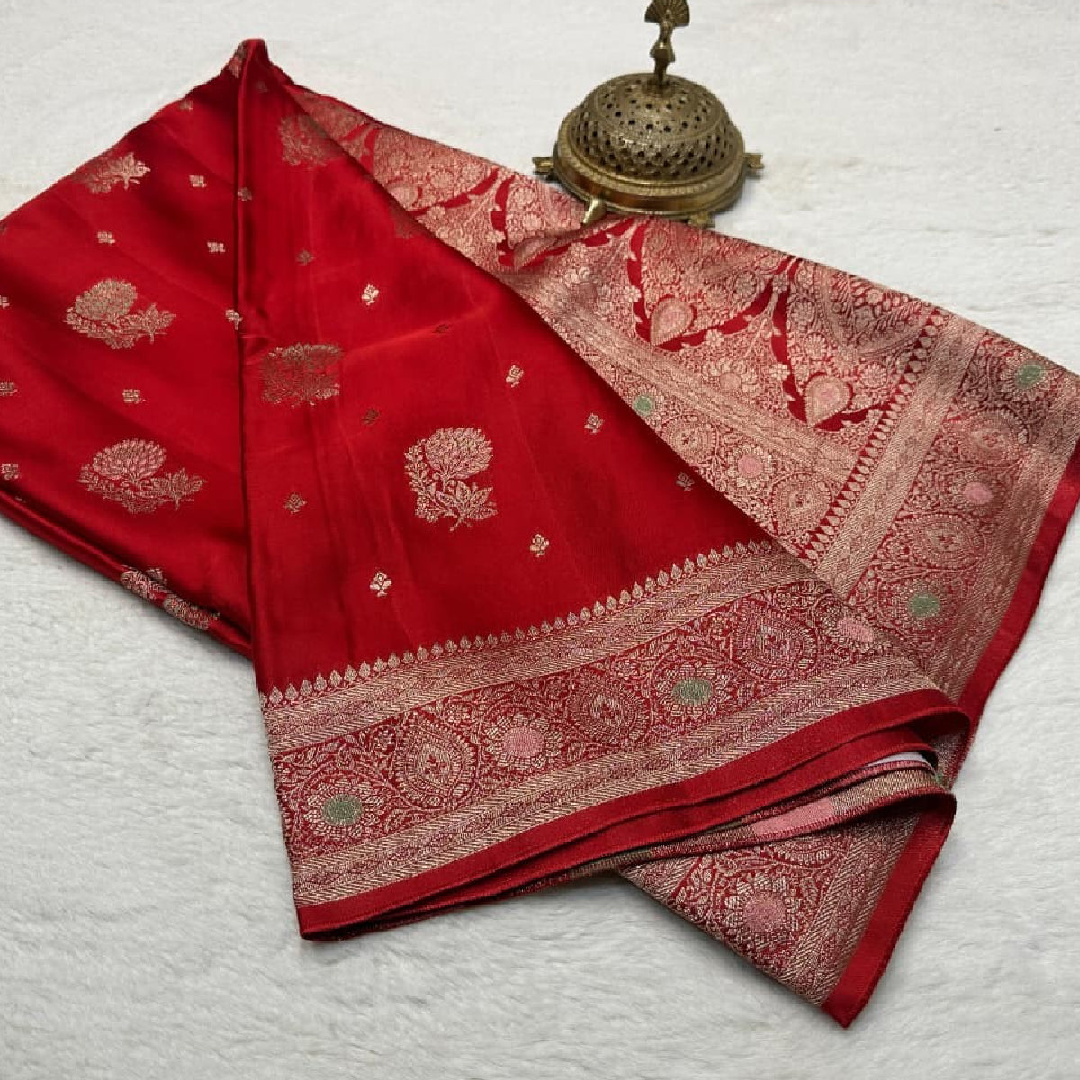 Red Kanchipuram Soft Silk Saree with Heavy Zari Border & Meena Butta